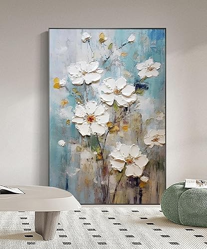 Miniatura 10 de Pintura al óleo de flores blancas pintadas a mano para dormitorio, arte de pared floral grande con marco negro para sala de estar, pintura de pared