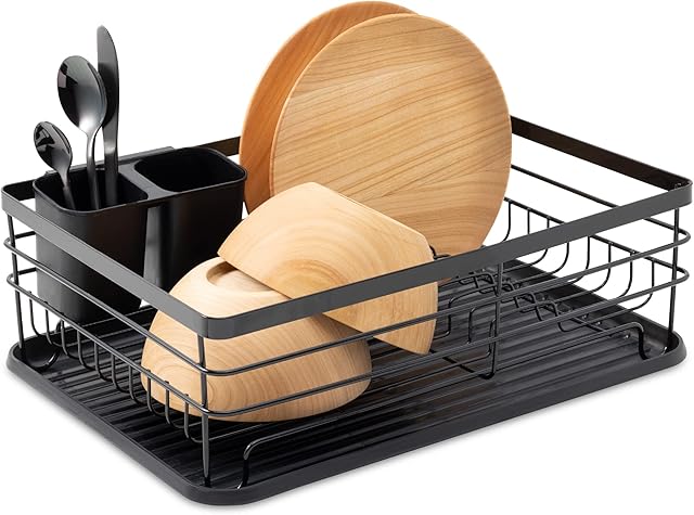 Navaris Dish Drainer Rack - Plate, Cutlery, Pots and Pans Drying Rack for Kitchen - Modern Retro Design Drip Tray with Metal Rack - Black