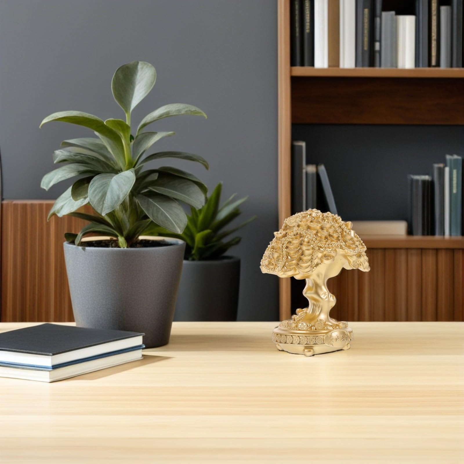 VANZACK Dekorative Feng Shui Geldbaum Statue aus Kunstharz, goldenes Baumornament für Tisch und Schrank, geeignet für Familie und Freunde als Symbol für Reichtum und Glück