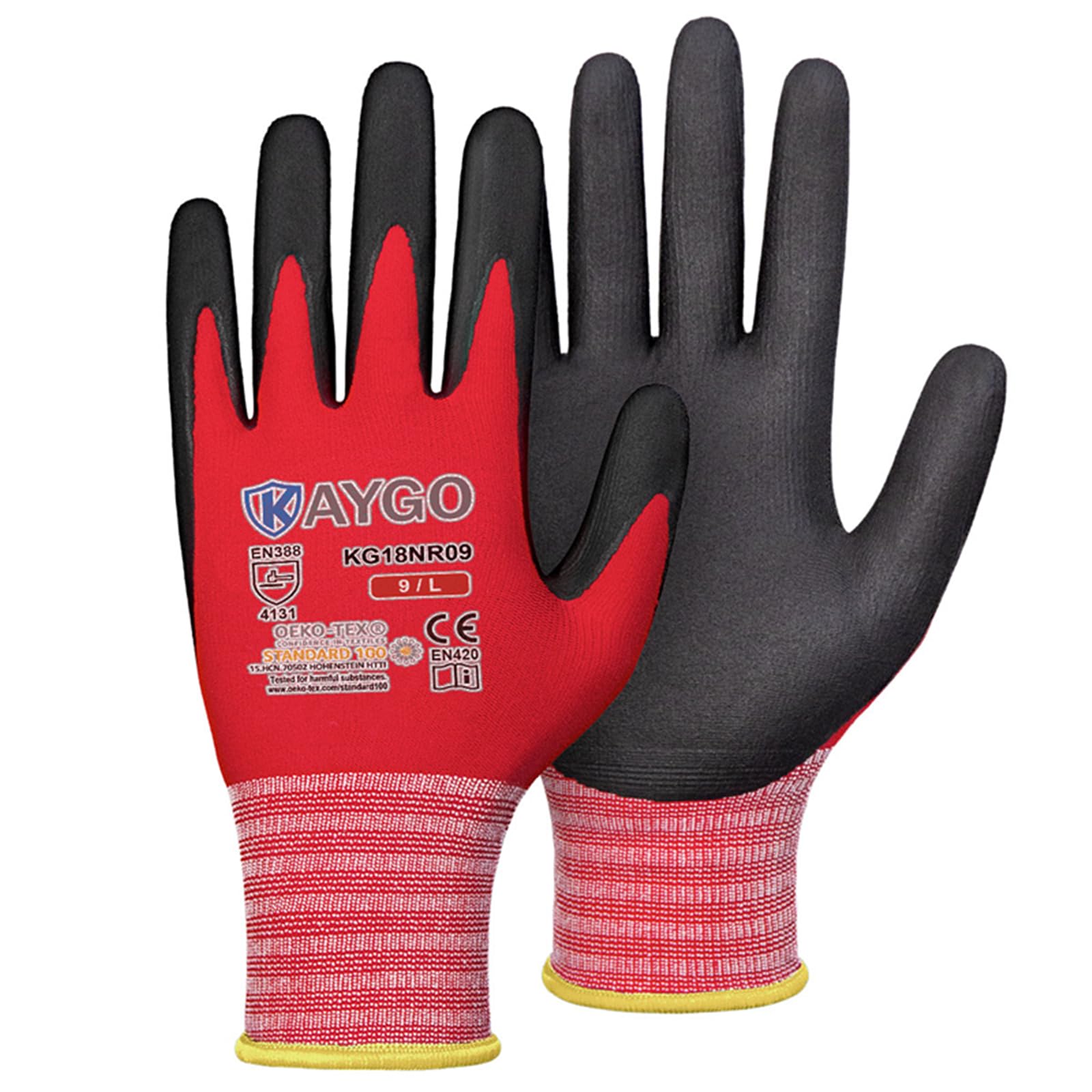 KAYGO Safety Work Gloves MicroFoam Nitrile Coated-3 Pairs, KG18NB,Seamless Knit Nylon Glove with Black Micro-Foam Nitrile Grip,Ideal for General Purpose,Automotive,Home Improvement,Red large