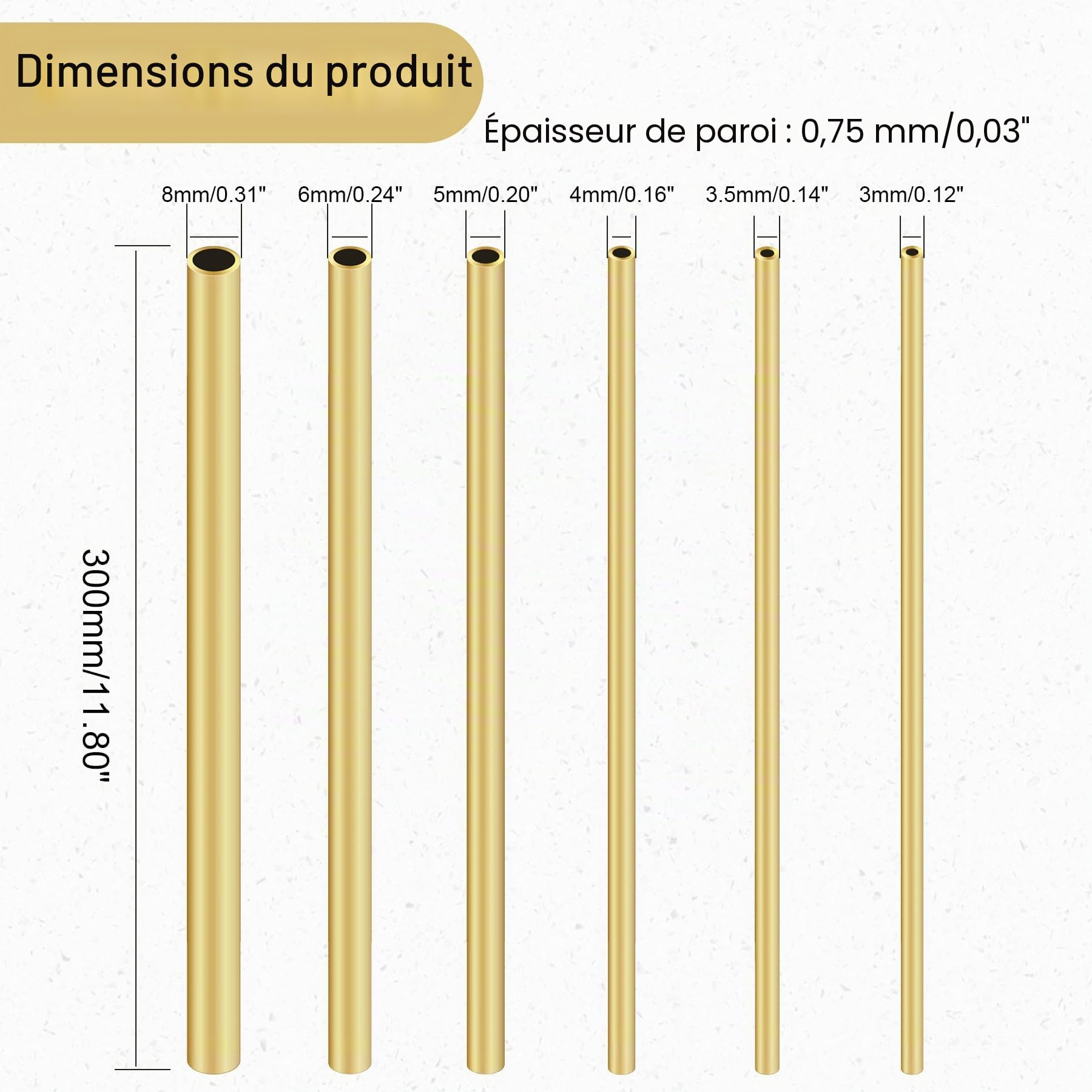 Lot de 6 tubes ronds en laiton sans couture - 3 mm, 3,5 mm, 4 mm, 5 mm, 6 mm, 8 mm x 0,75 mm, épaisseur de paroi 300 mm de long, pour loisirs créatifs