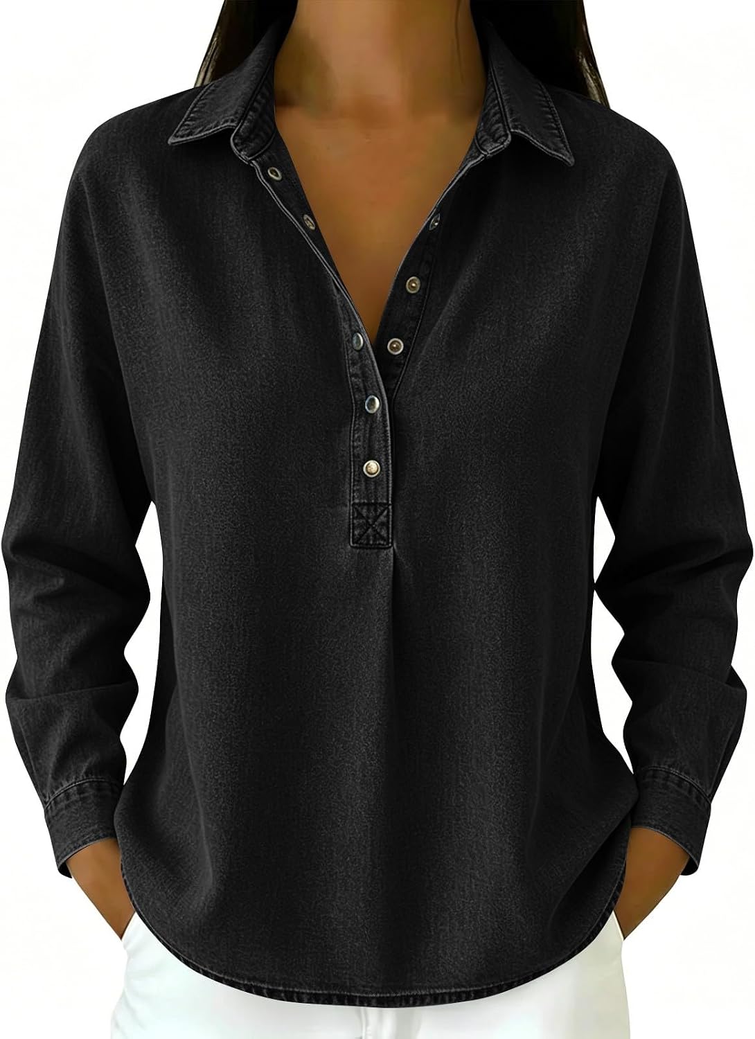 Womens Denim Tops,Long Sleeve,Collared,Retro Button Down,V Neck | | For daily commute | Retro denim styling,tailored collar,versatile neck,hard‑wearing everyday blouse