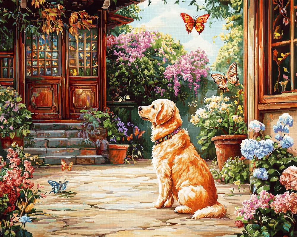 Henypt DIY Cross Stitch Counted Kits Stamped Kit Cross-Stitching Pattern for Home Decor A Dog and Butterflies in A Courtyard 11Ct Fabric Embroidery Crafts Needlepoint Kit Adult Craft Kits