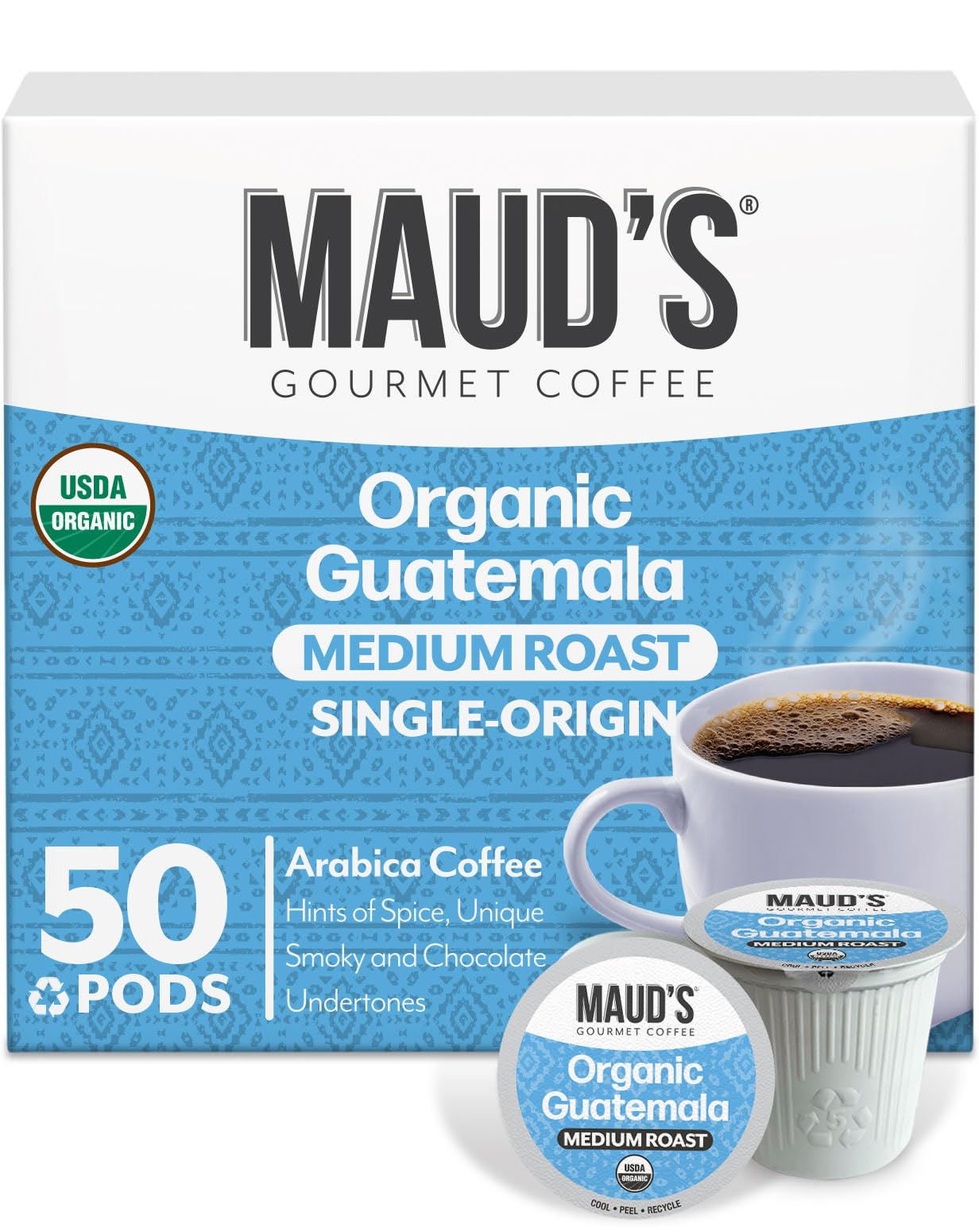 Maud's Organic Guatemalan Coffee Pods, 50 ct, Single Origin Guatemalan Medium Roast Coffee in Recyclable Single Serve Pods – 100% Arabica Beans, Compatible with Keurig K Cups Maker
