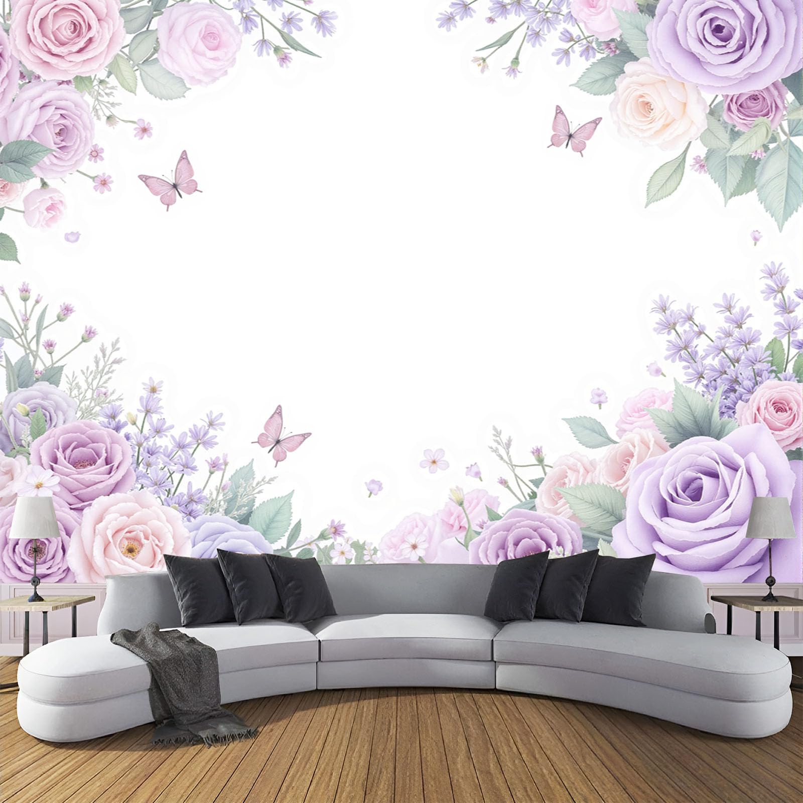 Papier peint fleurs romantiques panoramique violet clair pour décoration salon et chambre