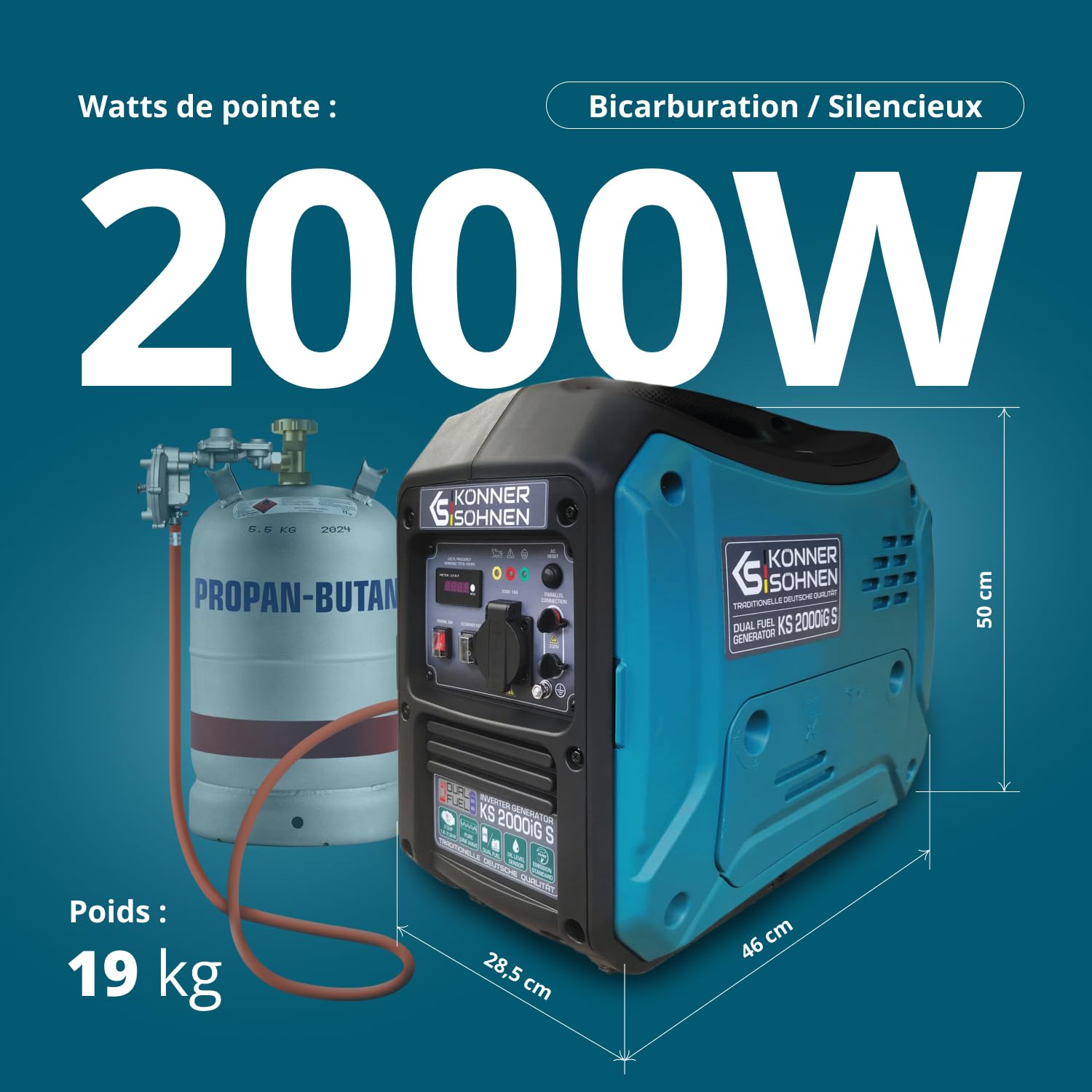Générateur inverter à gaz/essence Könner & Söhnen KS 2000iG S, boîtier insonorisé, 2000 W, une prise 1x16A (230V), 2 ports USB, affichage LED, Economie mode, enroulement en cuivre, EURO V, onduleur