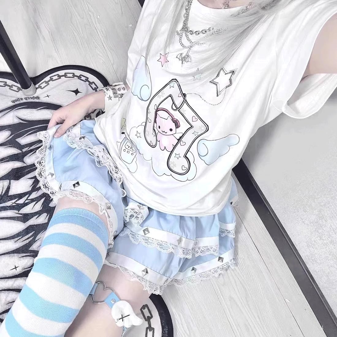 Harajuku - Camiseta estilo kawaii gótico, informal, cuello redondo, suave, dibujos animados, lindo gato, música, ángel
