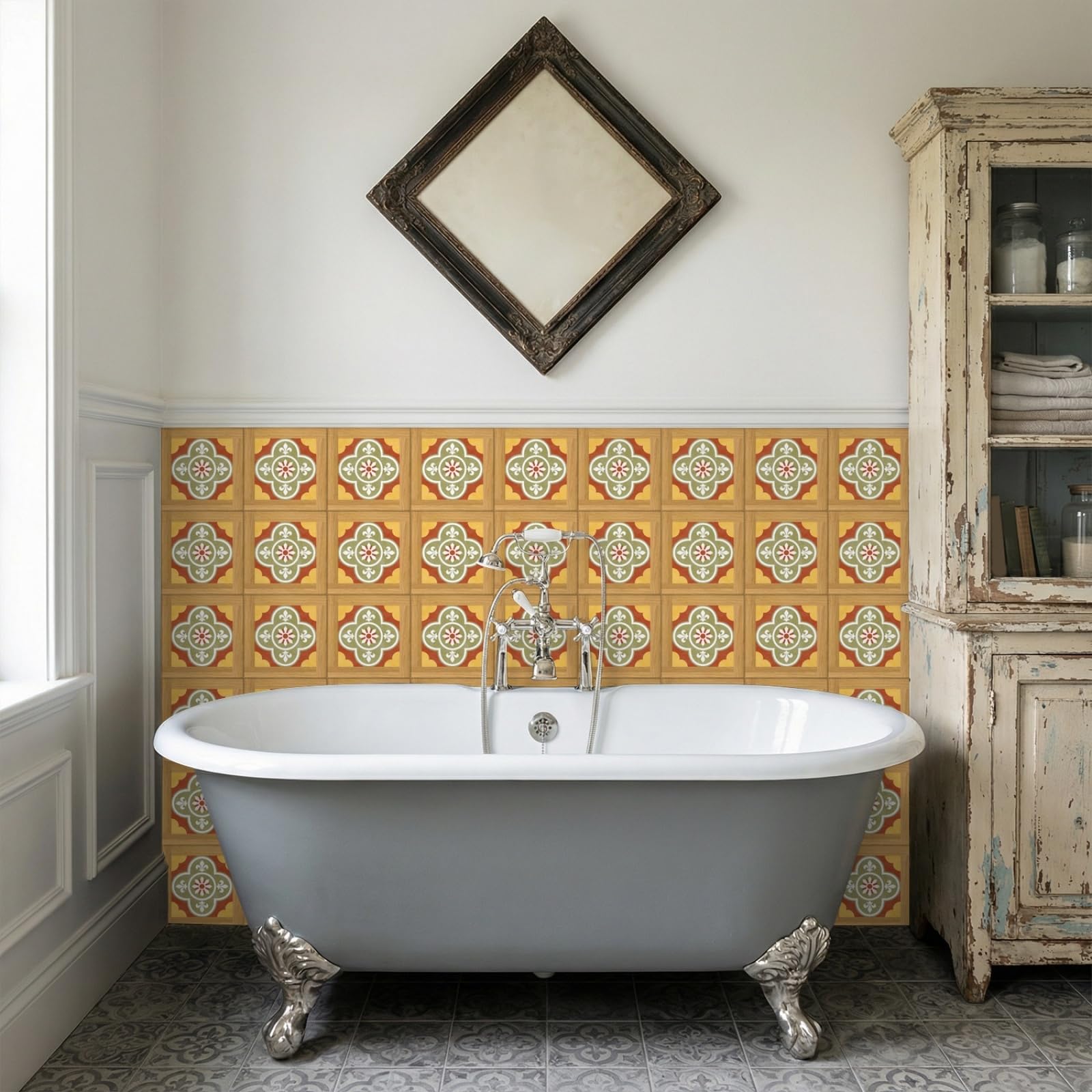 Rmjcxys Orange Green Morocco Stick On Tiles Kitchen Tile Stickers Waterproof Vinyl Decals Self Adhesive Stick On Bathroom Tiles Backsplash Decorative Tile Covers 20X20 Cm/ 5 Pcs