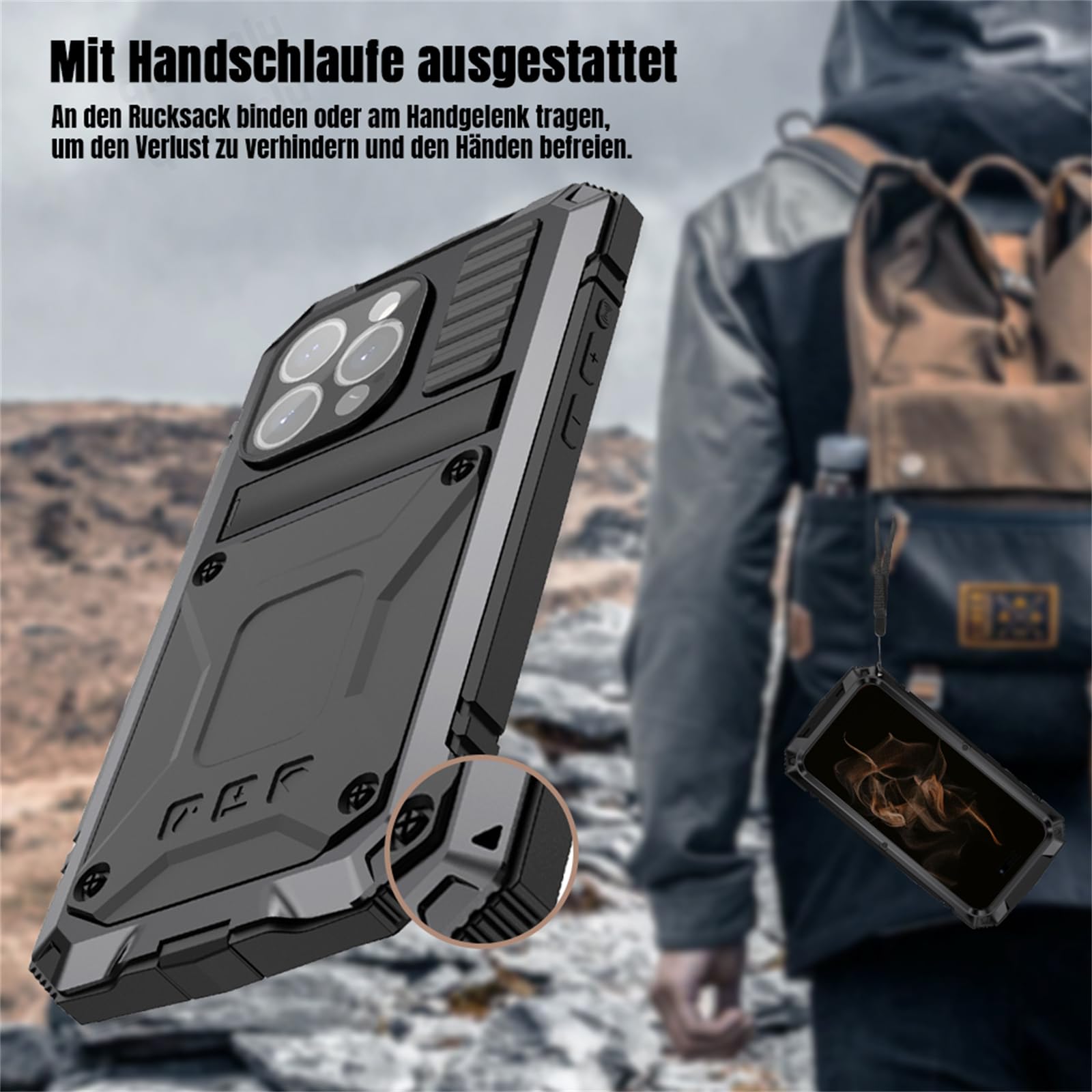 JINGANGYU Funda De Metal Resistente Compatible Con IPhone 15 Pro Max Con Protector De Pantalla Con Soporte Para Cámara, Funda Deslizante Para Cámara, Armadura Militar A Prueba De Golpes, Prueba De
