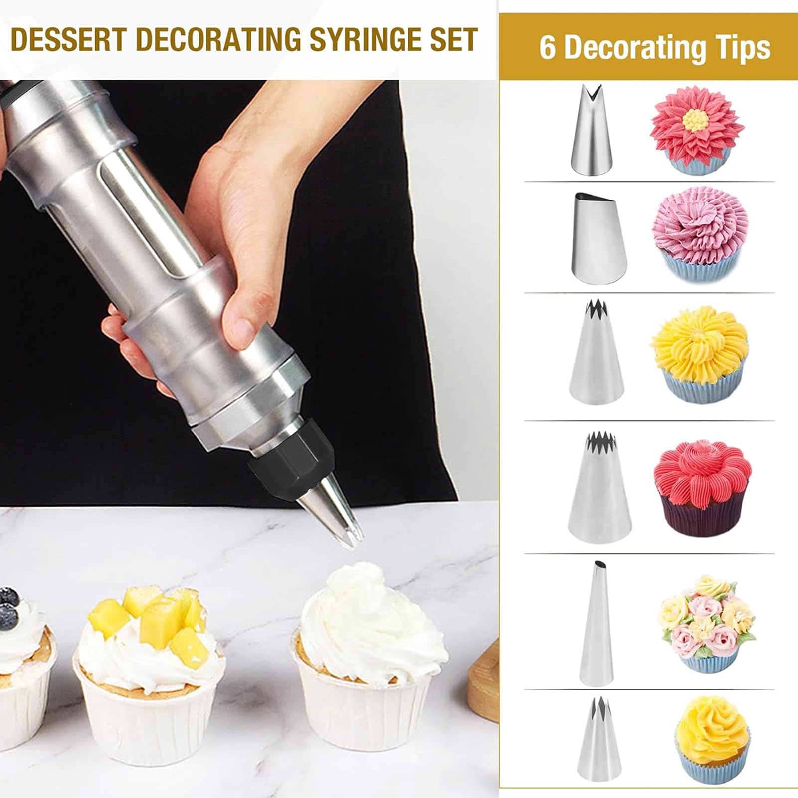 Juego de pistolas de decoración de glaseado, herramientas de decoración de pasteles con 3 raspadores de crema y 6 boquillas reemplazables, fácil de usar para principiantes, ideal para decoración de
