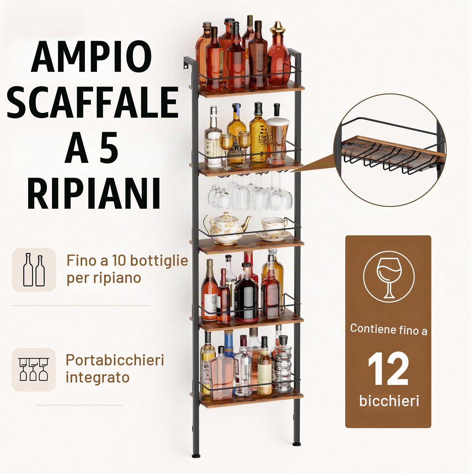 Yorbay Portabottiglie 5 Ripiani con LED: fino a 50 Bottiglie e 12 Bicchieri