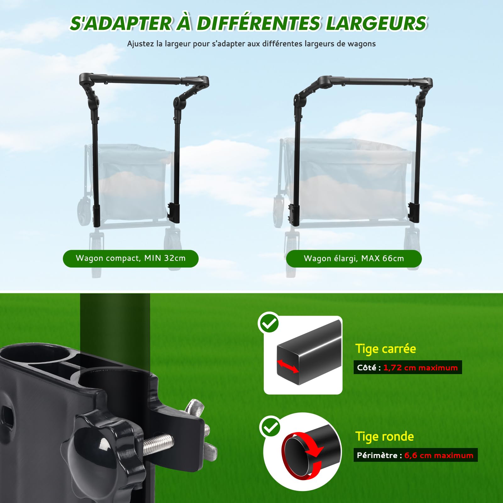 Poignée Universelle Pliable pour Chariot - Barre de Poussée/Traction Ergonomique en Acier Renforcé pour Caddies, Chariots de Plage, Poussettes et Landaus