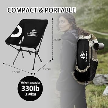 Folding Camping Chair for Adults, Heavy Duty 300lbs Capacity Compact Backpacking Hiking Chair Portable Durable Outdoor Chair with Ergonomic Support (Black)