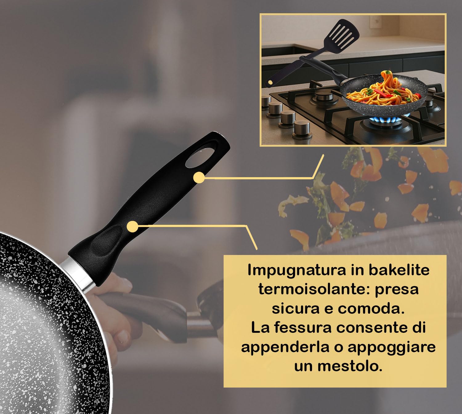 RollitPop Wok Padella Antiaderente Ø 28cm in Alluminio, Made in Italy, Facile da Pulire, Qualità Superiore e Antiaderenza Perfetta, Leggera ed Ergonomica, No Induzione (Ø 28cm)