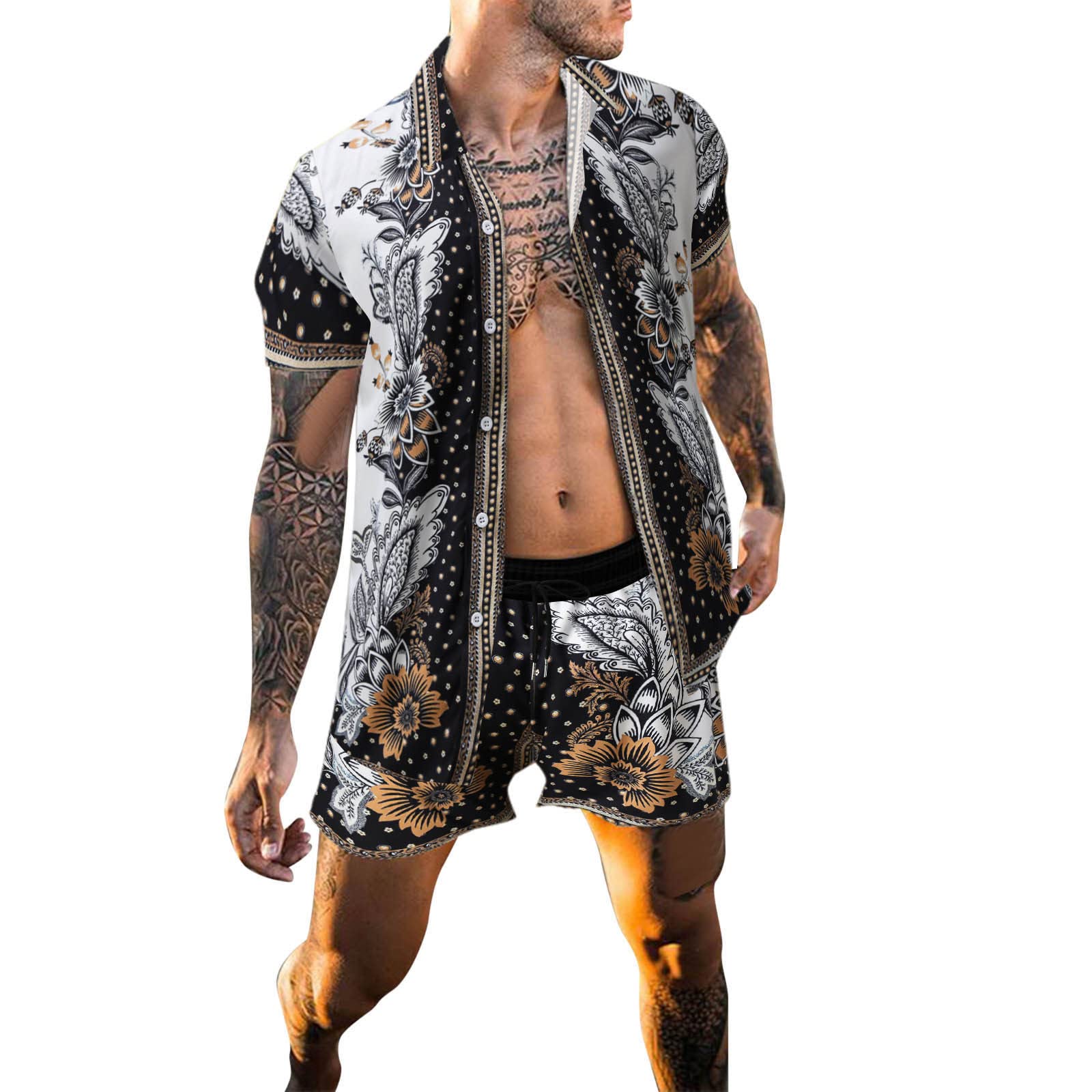 MaNMaNing 2023 Chandal Hombre Verano Conjuntos De Moda De Verano Para Hombre, Traje Estampado De Orientación De Ocio, Camisa De Playa Hawaiana, Traje Suelto Informal Corto Chandal Hombre Completo Verano
