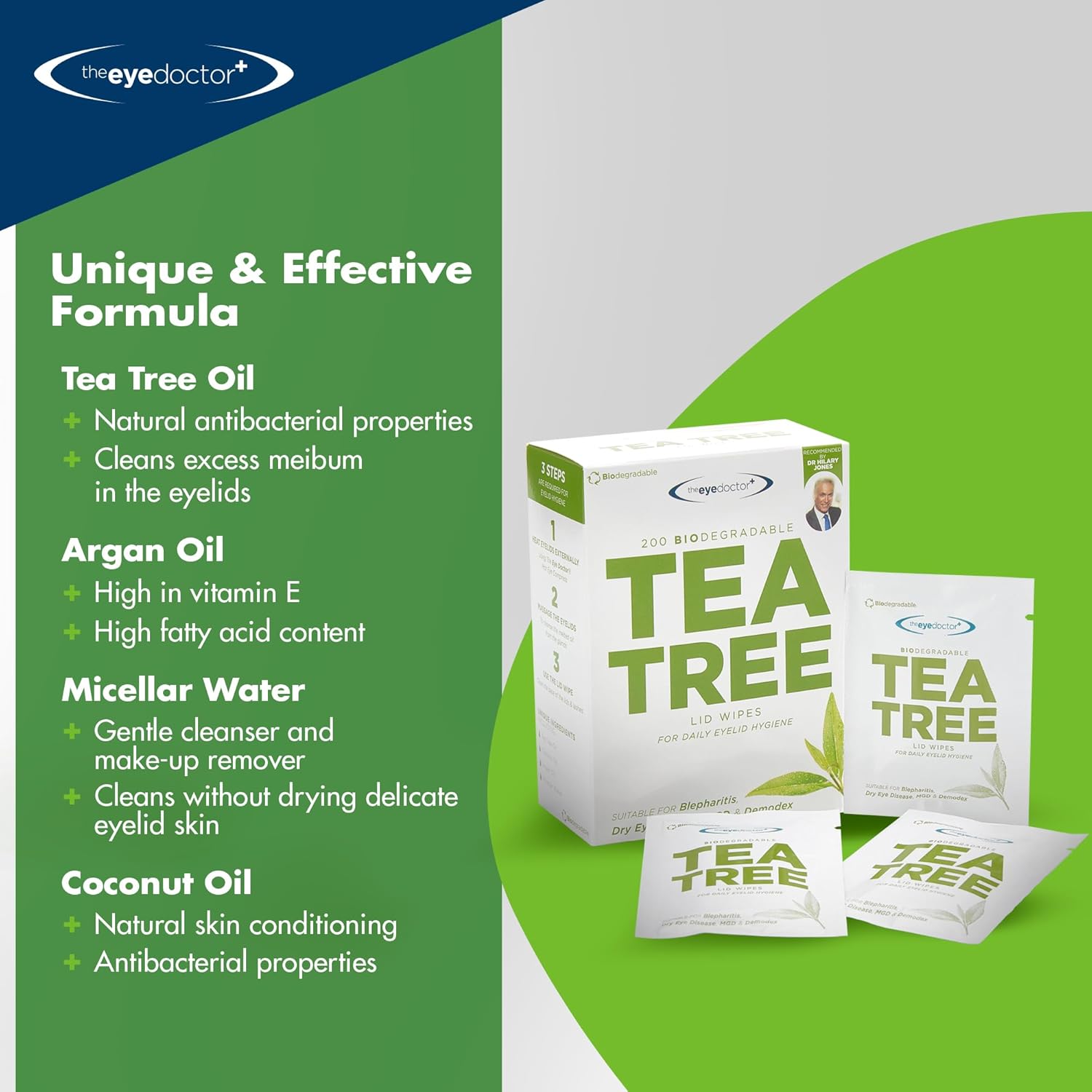 The Eye Doctor Tea Tree Eyelid Wipes - Suitable for use with Blepharitis, Dry Eyes, Sensitive Eyes & MGD - 200 x Biodegradable Tea Tree Eyelid Cleaning Wipes - Detergent and Preservative Free 8 71oE+UpNfFL. AC SL1500