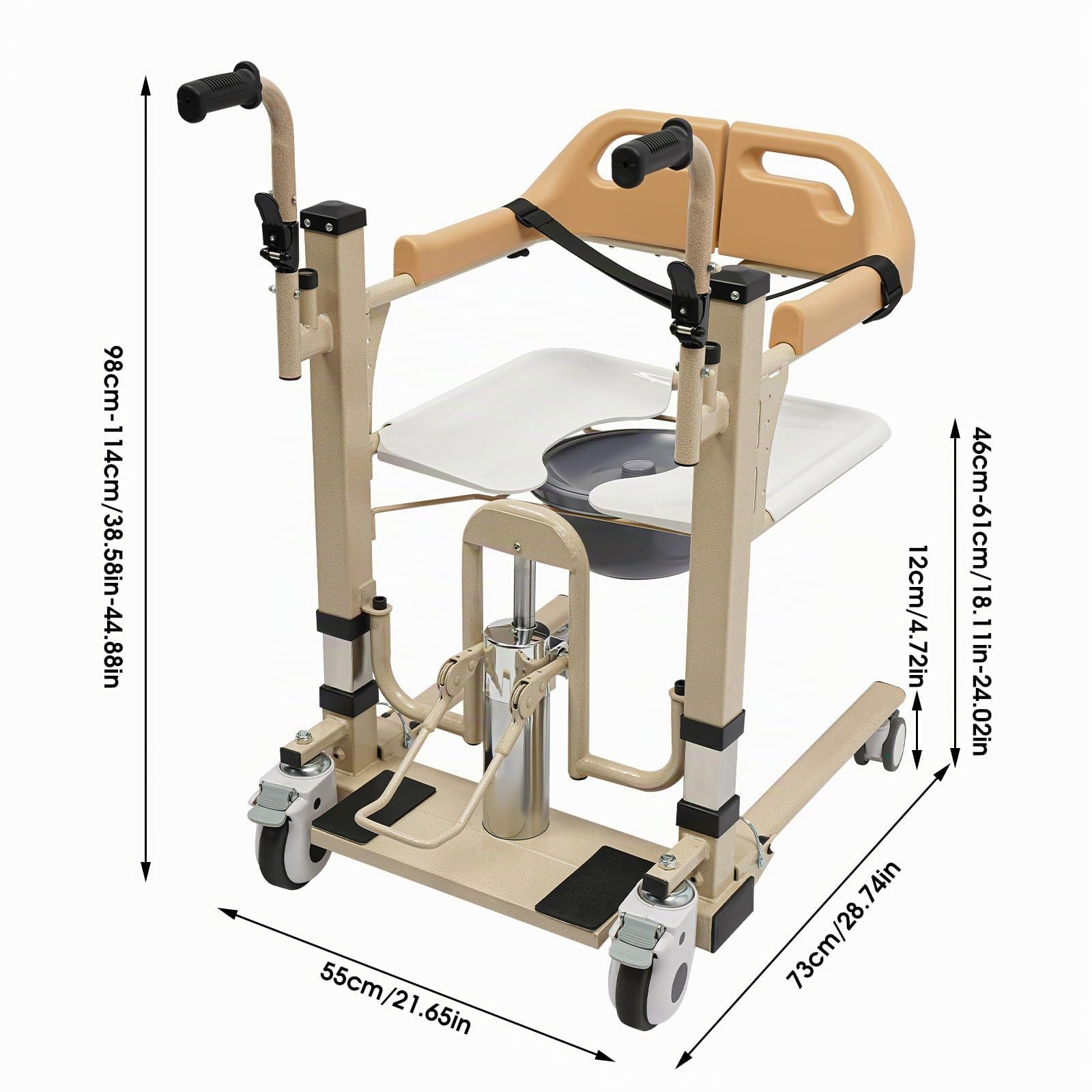 Lève-patient hydraulique pour la maison, fauteuils roulants de salle de bain s'ouvrant à 180° avec coussin d'assise amovible, capacité de charge 200 kg, pour les familles, les maisons de soins et les