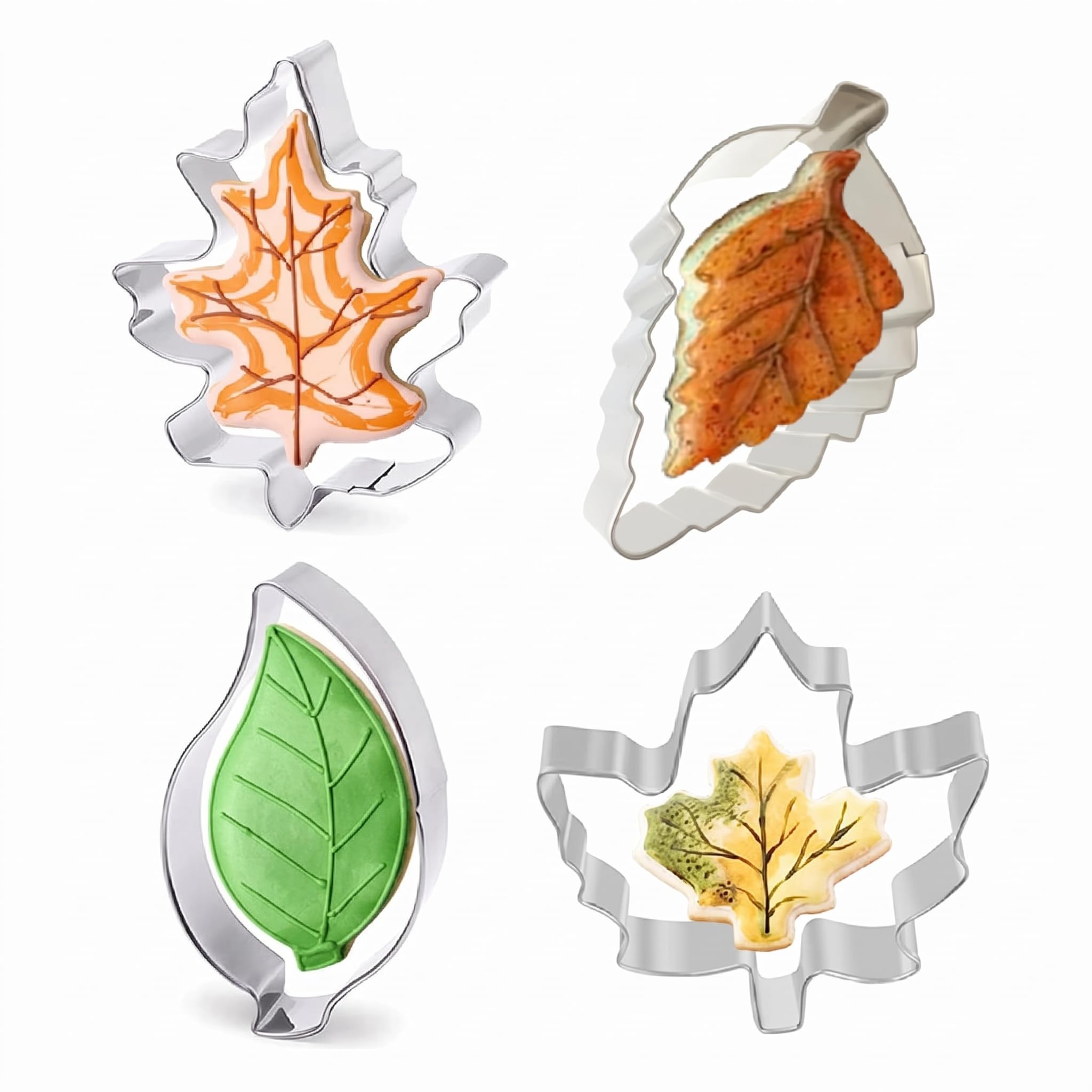 4 Pcs Autumn Leaf Cutters, Stainless Steel Autumn Cookie Cutters, Fondant Biscuit Cutters Includes Maple, Oak, Aspen Shapes, Perfect for Fall Autumn Thanksgiving Christmas Party (8 to 10 cm Long)