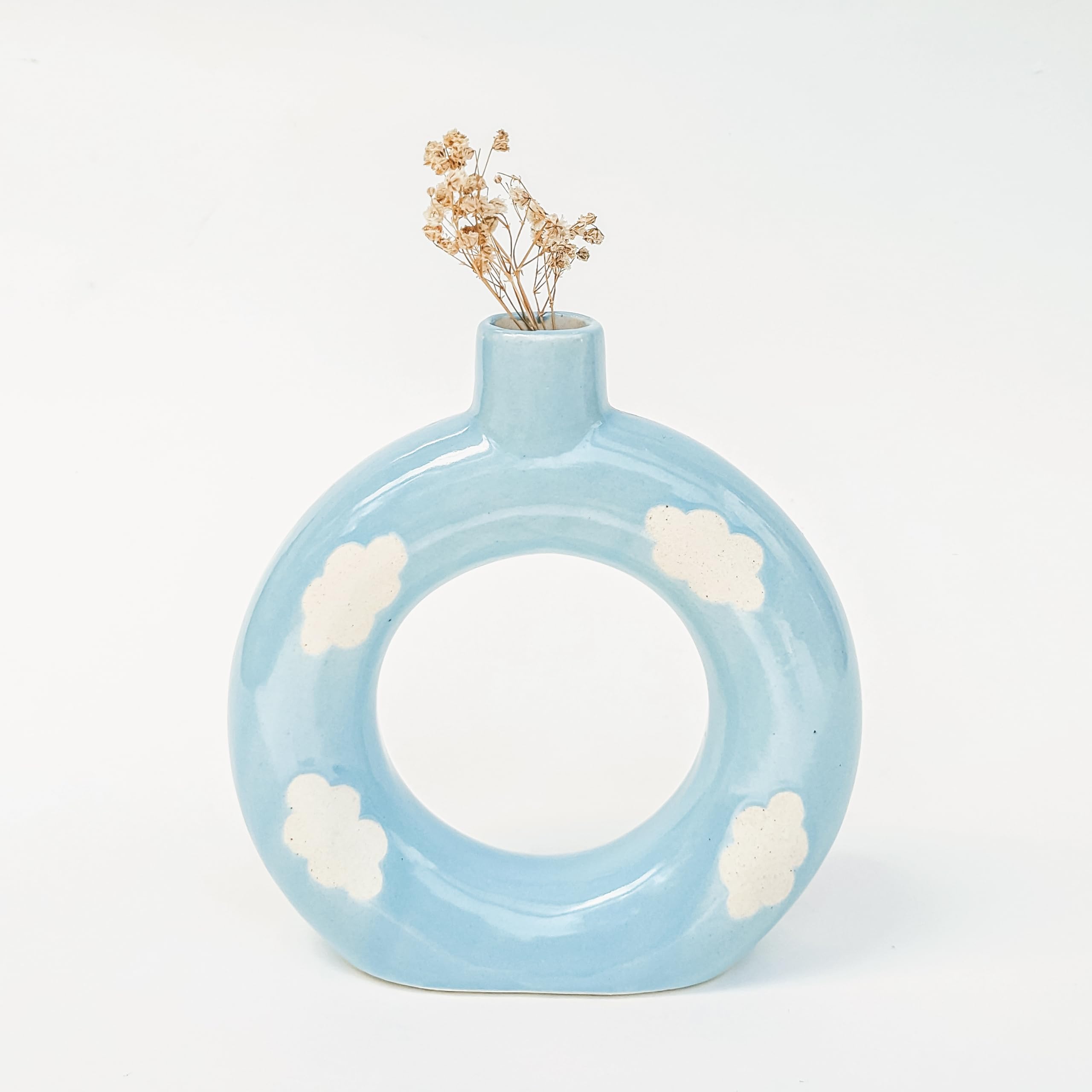 QSHI Studio Cloud Small Mini Donut Ceramic Vase | Ceramic Pot and Flower Vase Handcrafted | Living Room Decor | Round Shaped |5 inches