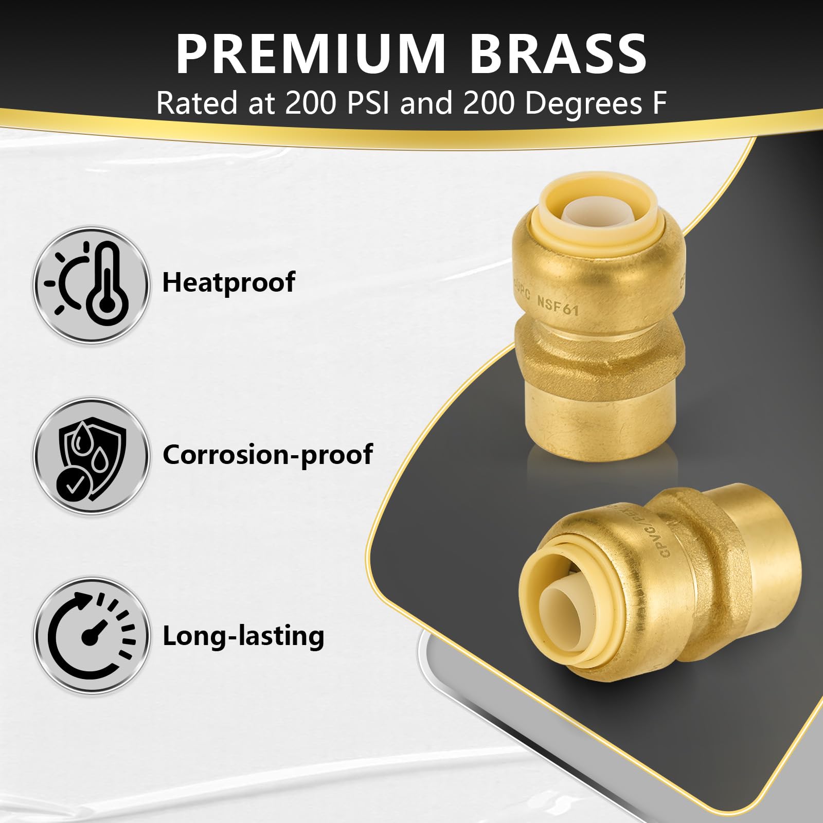 5 szt. złączek mosiężnych Foskan 3/4" Push-to-connect x 3/4" z gwintem wewnętrznym, do łączenia rur PEX, miedzianych, C, PE-RT, z zaciskiem rozłączającym do napraw hydraulicznych (PTC x FNPT)