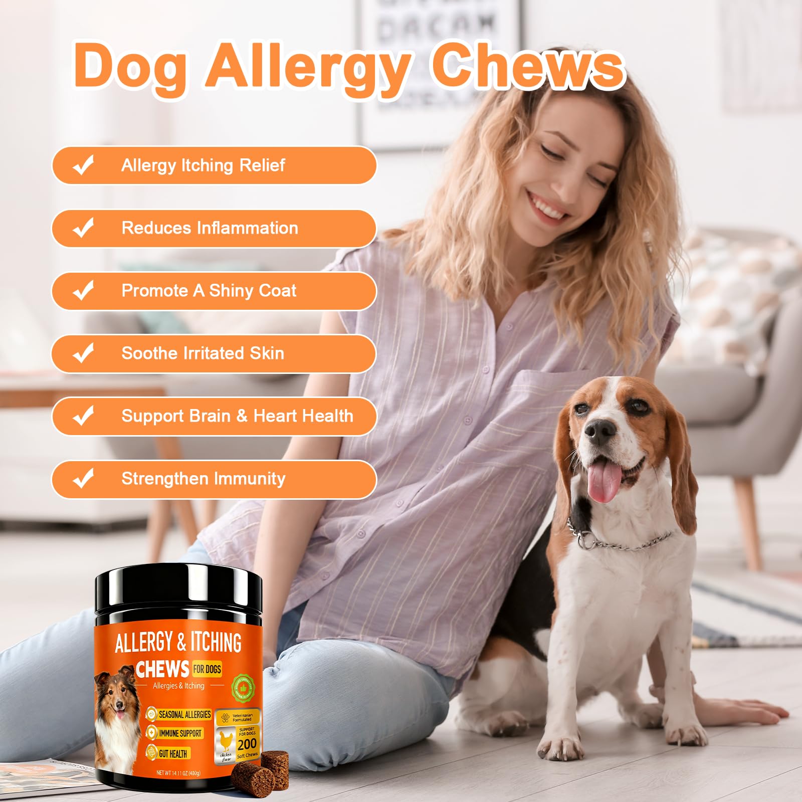 Dog Allergy Chews 200ct,Probiotics for Dogs Itching Skin Relief for Skin and Paw Licking, Dog is Human Multivitamin Itch Relief for Seasonal Allergies-Support a Healthy lmmune System Chicken Flavor — view 2