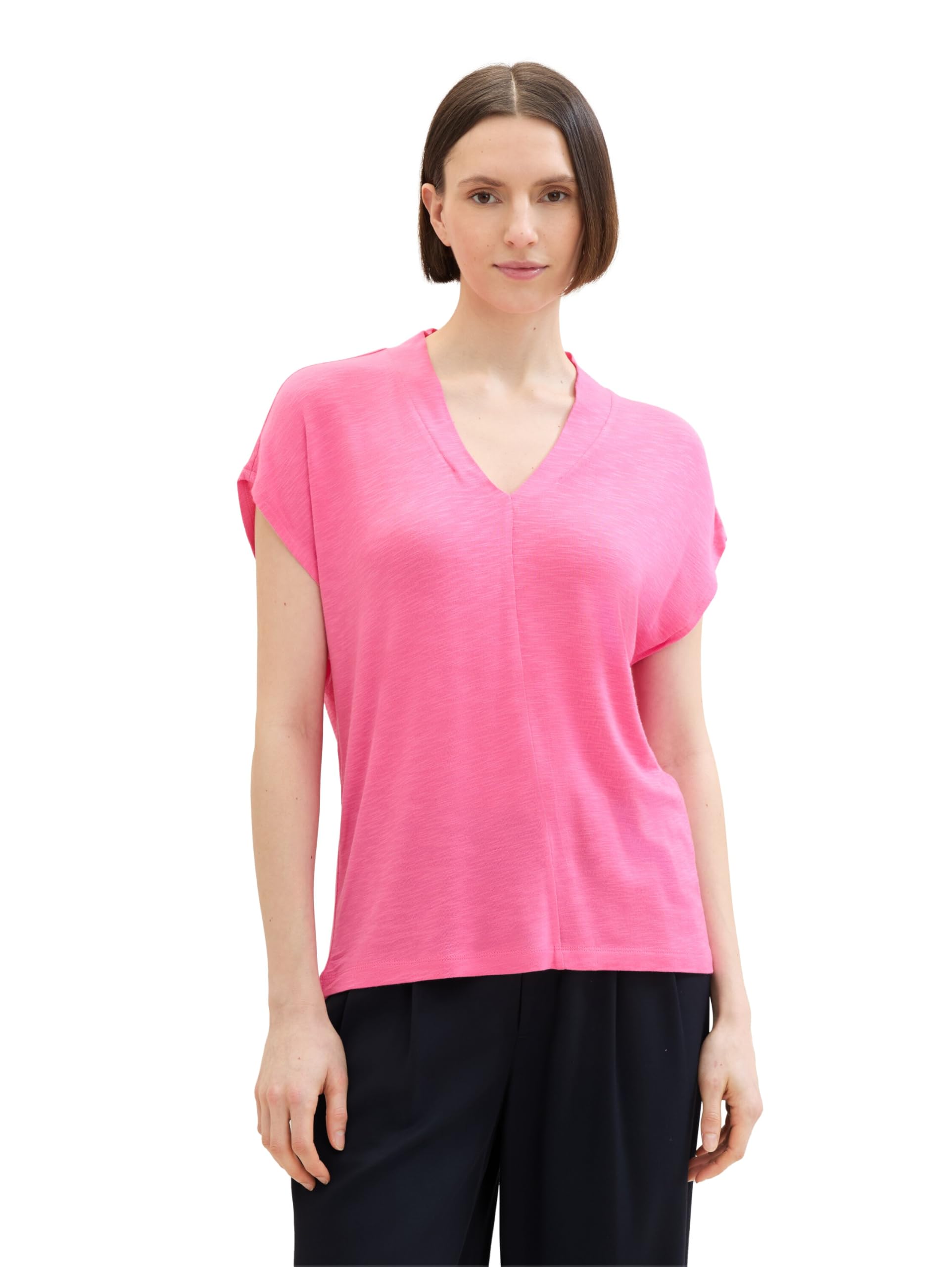 TOM TAILOR Women's Basic V-Neck T-Shirt Top, 15799 - Carmine Pink, M