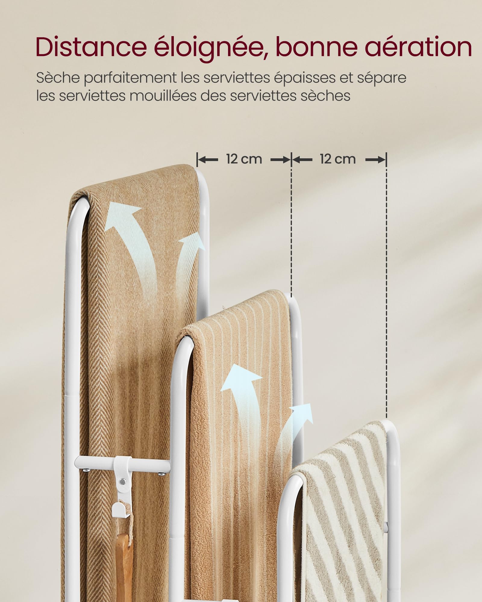 VASAGLE Porte Serviette Salle de Bain, Range Serviette, sur Pied, 3 Barres, 50 x 30 x 100 cm, 2 Crochets, Étagère de Rangement, Blanc Mat et Beige Naturel LLS009W01