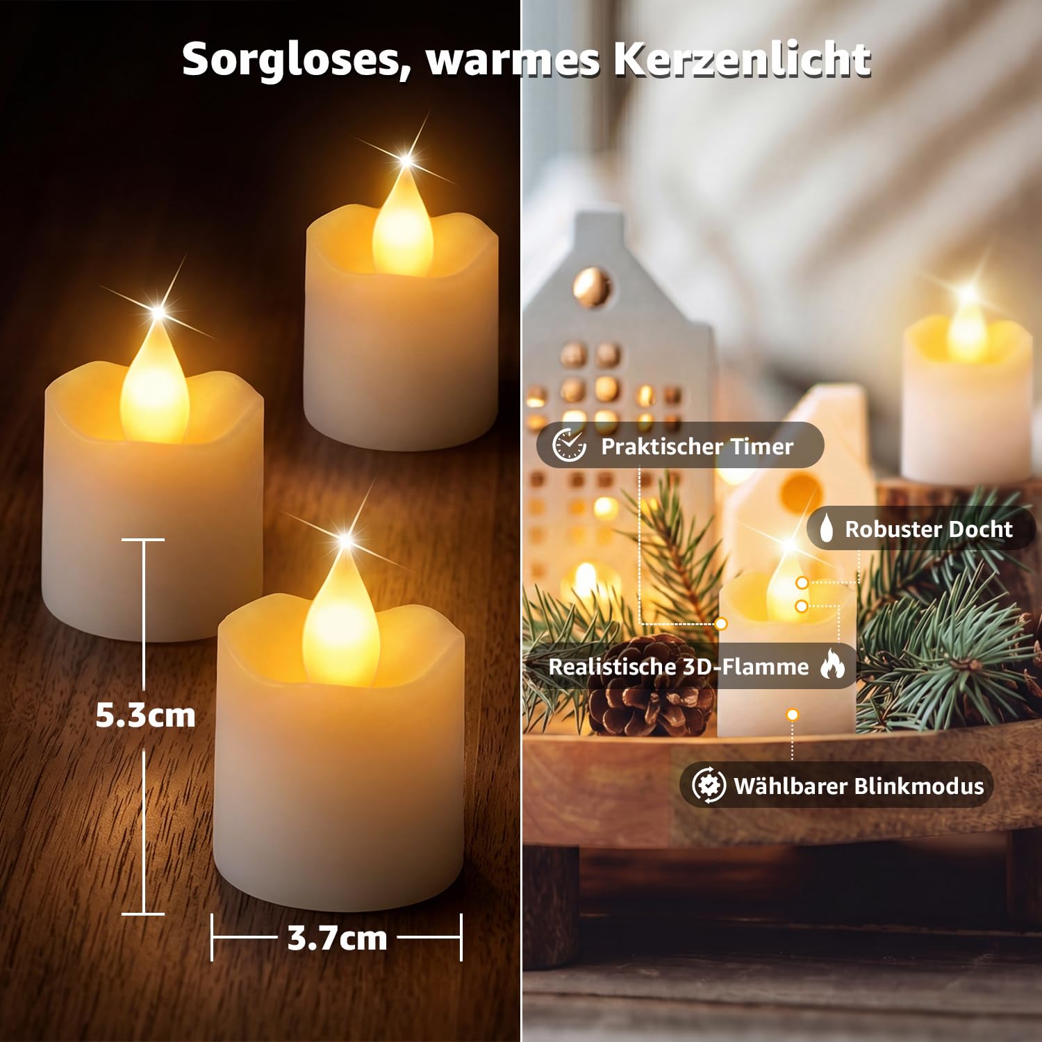 Ollny 12 Stück LED Teelichter Wiederaufladbar mit Timer & Fernbedienung | 5 Stufen Dimmbar, lange Akkulaufzeit, Elektrische USB LED Kerzen für Hochzeit, Laternen, Tisch Deko zu Weihnachten, Halloween