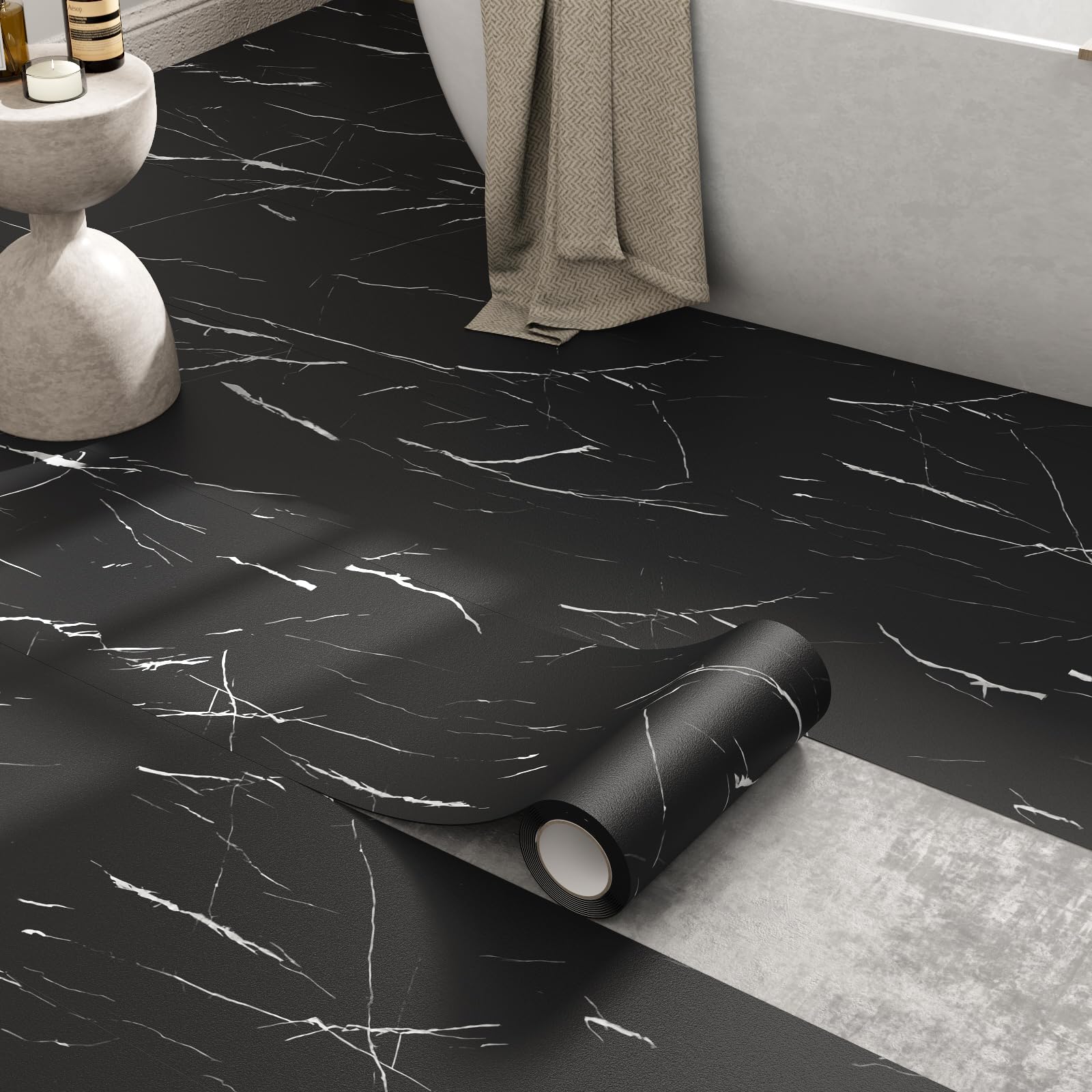 Peel and Stick - Piastrelle per pavimenti in vinile, 30 x 1500 cm, impermeabile, antigraffio, per affittuari, cucina, bagno, camper, colore: marmo nero