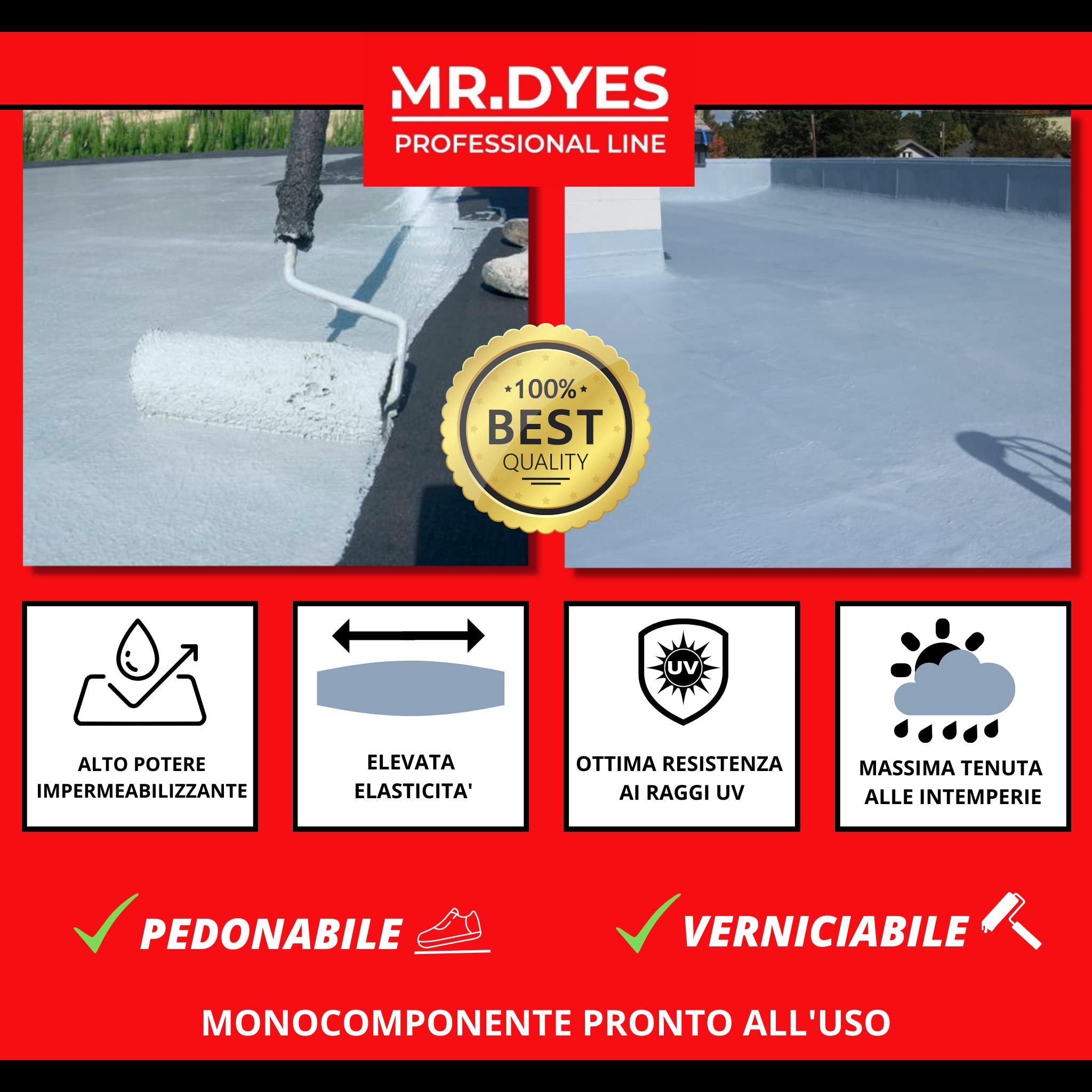 Guaina Liquida Impermeabilizzante - Membrana Monocomponente Multisupporto, Vari Colori e Formati, Gomma Liquida per Tetti e Terrazzi. (20 KG, BIANCO)
