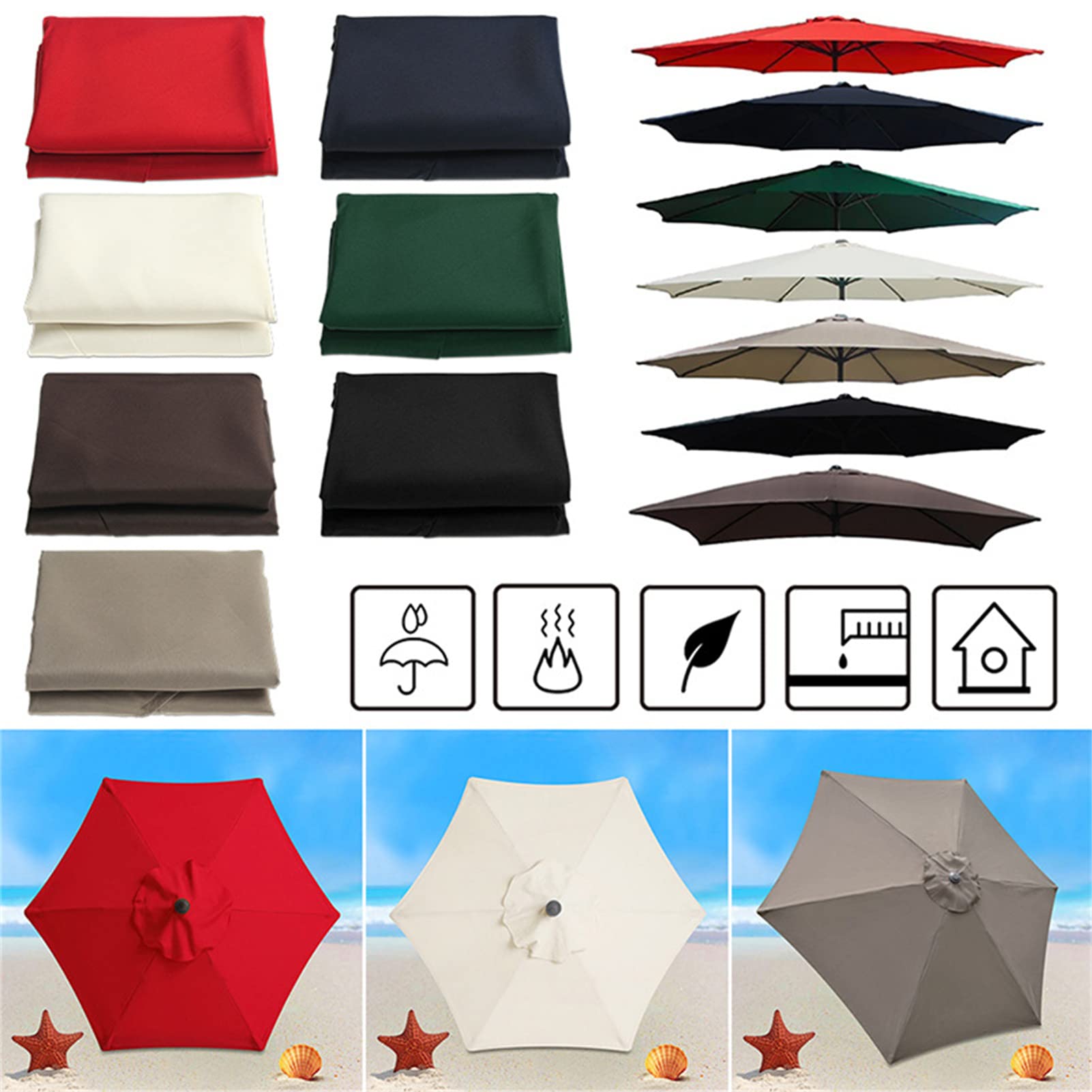 Housse De Rechange pour Parasol - 6 Baleines - 2 M/2,7 M/3 M - Imperméable - Anti-Ultraviolet - Tissu De Rechange (3M / 9.8Ft,Beige)