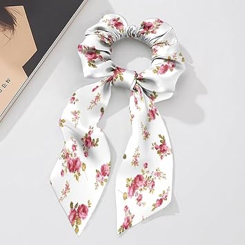 Pink Flowers Hair Scarf Scrunchies Set of 3 Hair Bow Ties Soft Satin Hair Scrunchy with Bow Ponytail Holders Detachable Hair Accessories for Girls