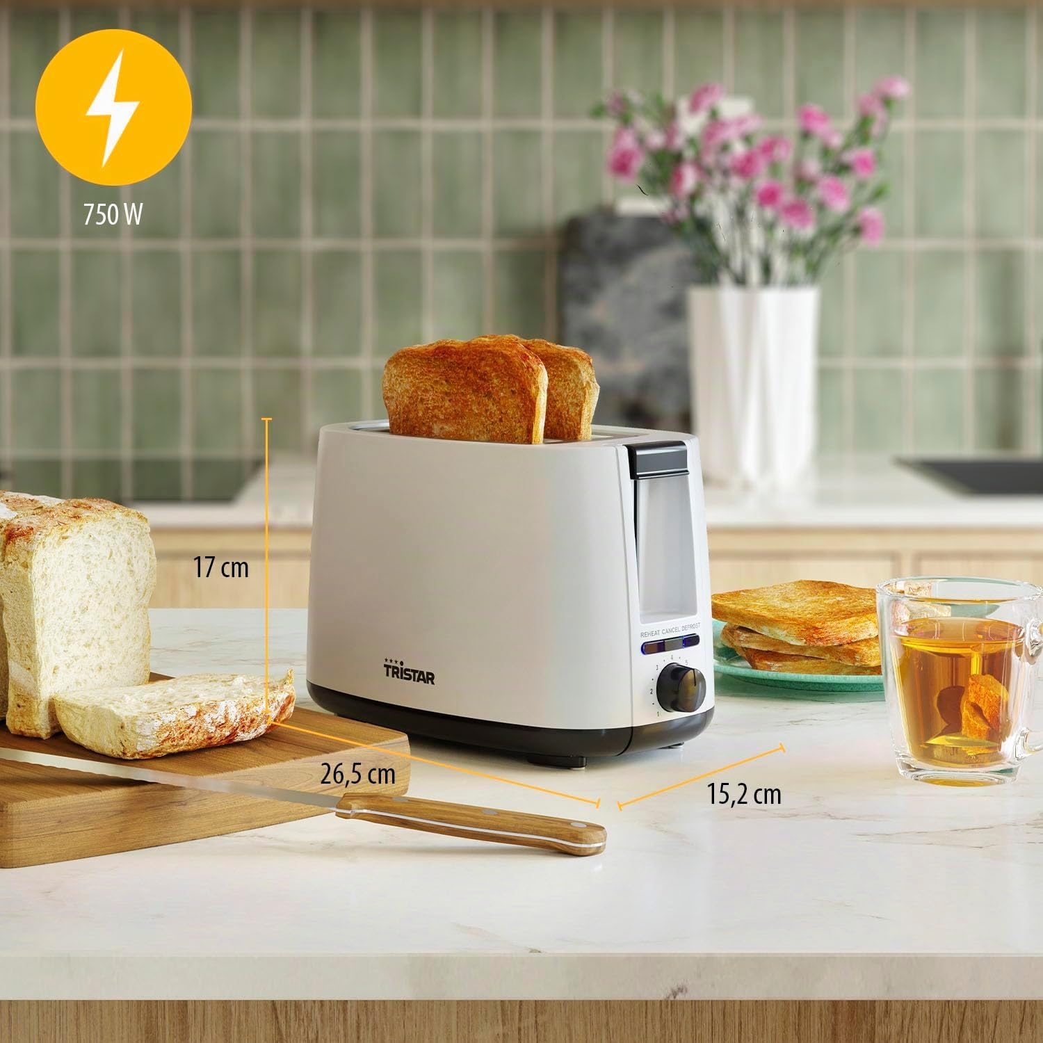Tristar Tostadora, 2 ranuras, 7 niveles de tostado, accesorio para panecillos, funciones de descongelación, elevación, centrado y desconexión, blanco, BR-1055
