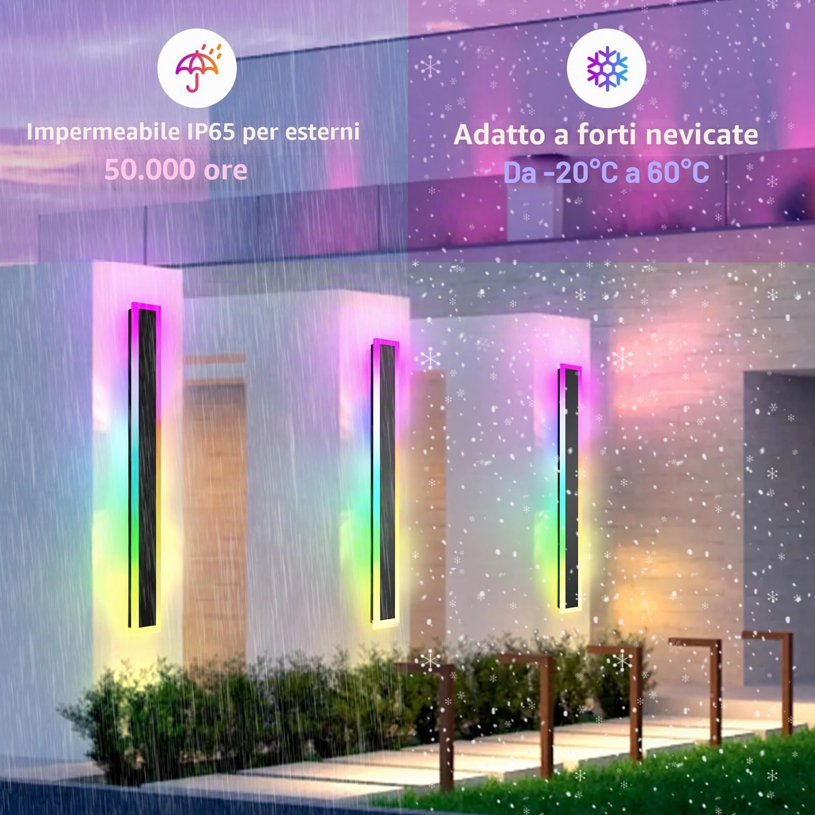 RGB LED Illuminazione da Parete Esterno, 120cm 2Pezzi RGB/Caldo/Bianco Metallo Dimmerabile Lunga Luci Esterne Parete, Ip65 Impermeabile con Telecomando e APP per Esterni/Interni, Giardini, Villa-120cm