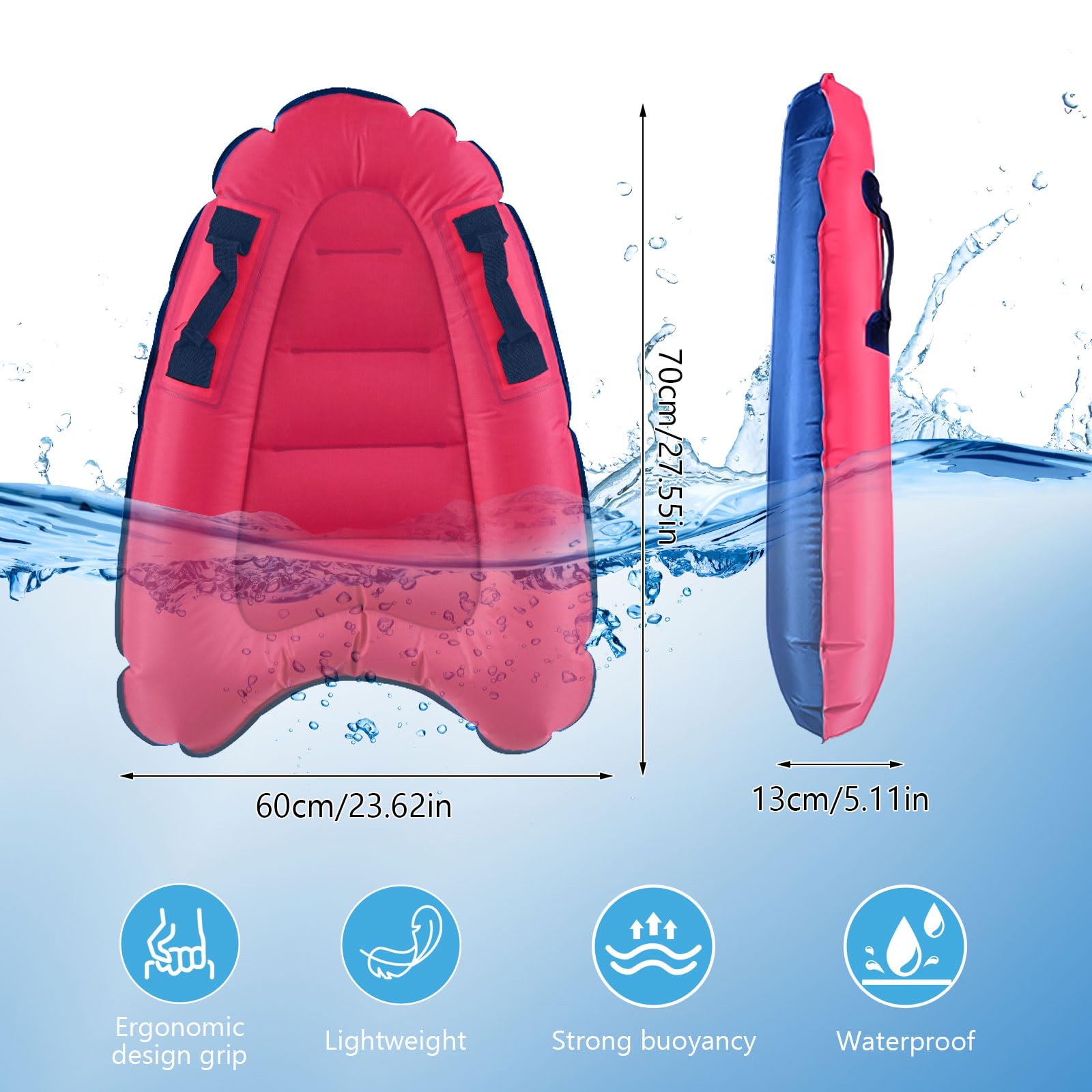 Bocguy Bodyboard Aufblasbar, 75 x 65 x 15 cm Surfbrett Aufblasbar, Schwimmbrett Aufblasbare, Faltbar Bodyboard Kinder mit Griffen zum Strandsurfen Pool Schwimmen Sommer Wassersport