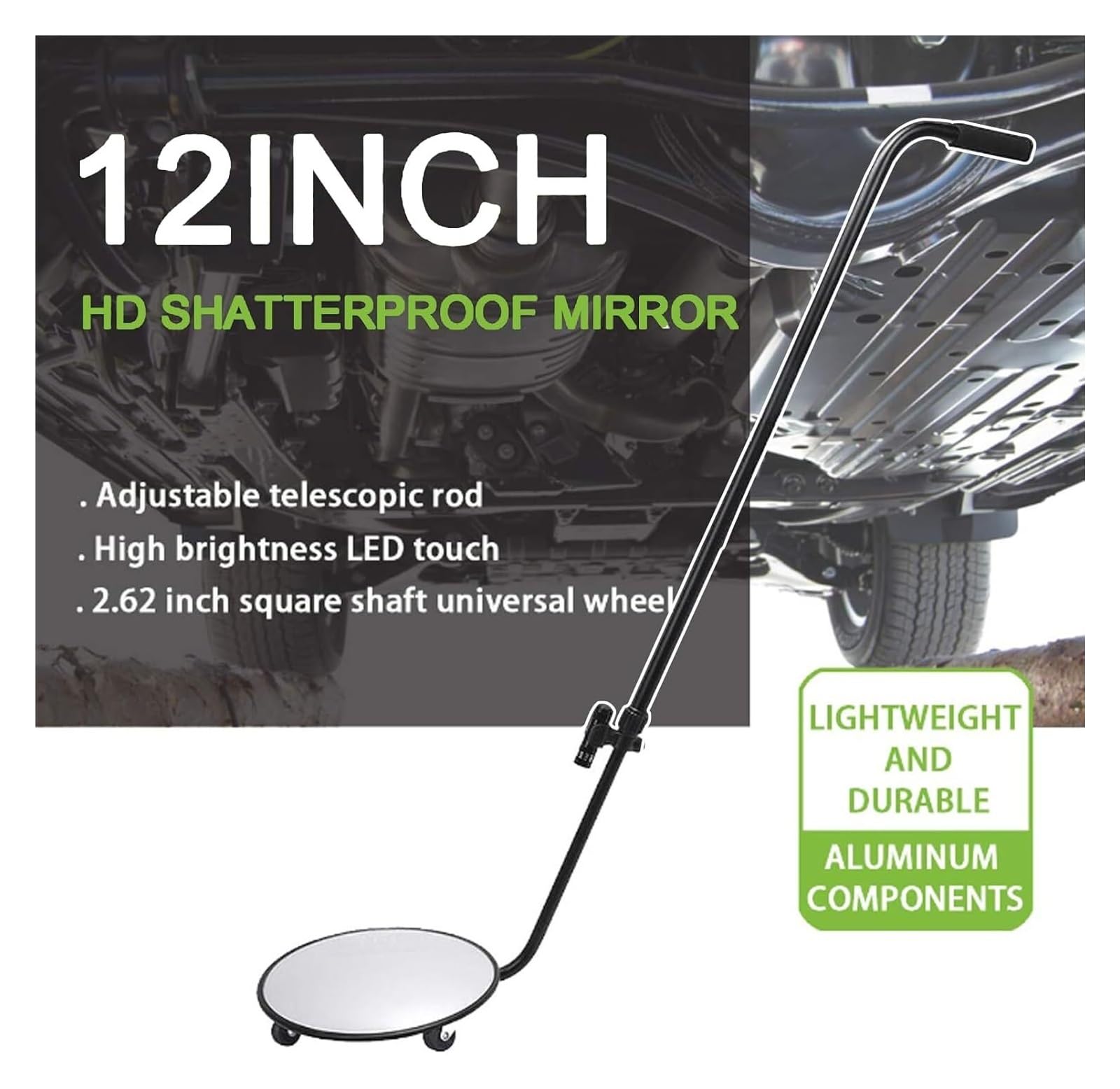 Specchi di Ispezione, Specchietto Telescopico, Specchio Convesso Acrilico con Maniglia combinata in Alluminio e Torcia a LED e Borsa portaoggetti