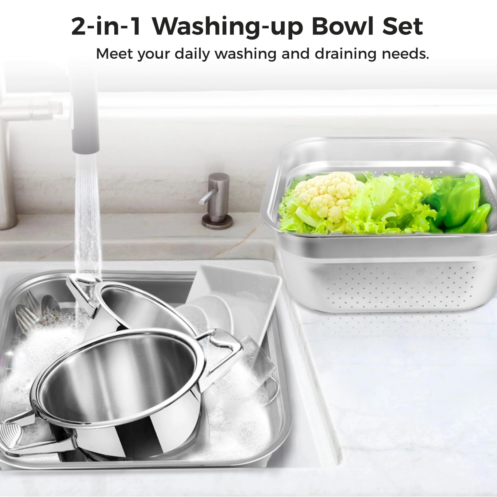 2-in-1-Spülschüssel-Set, Edelstahl-Spülwanne mit Sieb, Obst- und Gemüsespülbecken, Mehrzweck-Schüsselset zum Waschen und Abtropfen von Reis, Nudeln, Lebensmittelsieb, Rührschüssel