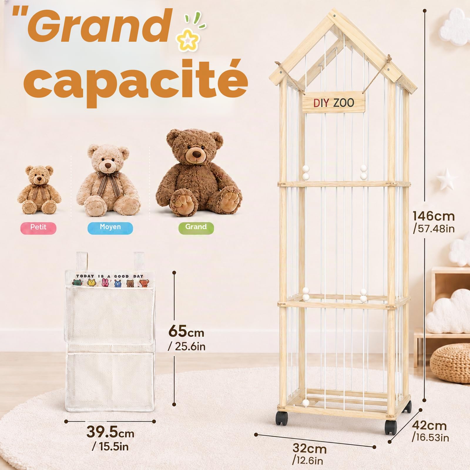 Rangement Peluche de Enfant, Range Peluche en Bois Roues, 146 * 42 * 32cm,Meuble Rangement Jouet Enfant pour Chambre d'enfant, Salle de Jeux avec Sac（avec Toit）