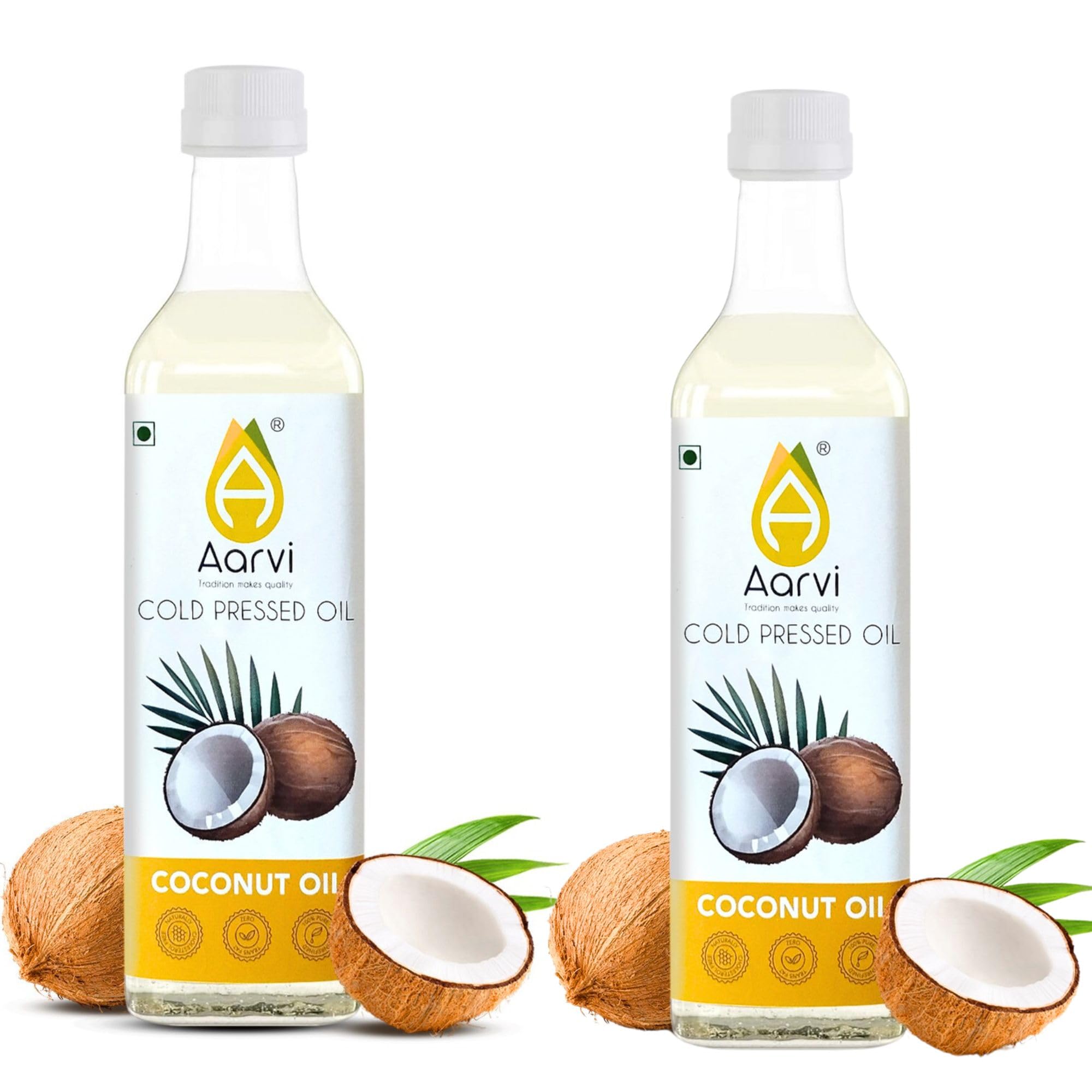 AARVI Cold Pressed Coconut Oil 500ml x 2 | Wood Pressed Coconut Oil | Unrefined Multipurpose Oil for Cooking, Hair Care, Skin Care, Baby Massage & Oil Pulling | Pack of 2