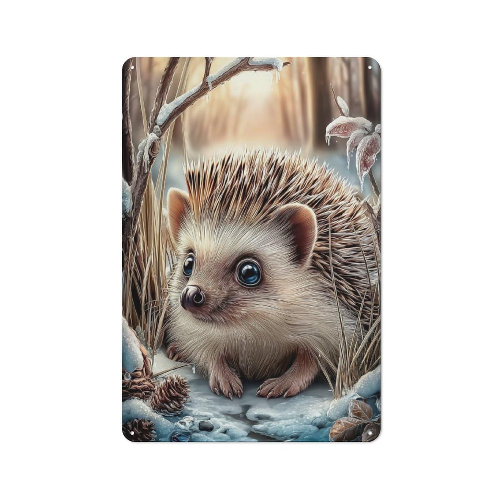Junmoney Style-8 Metal Wall Sign 30X20cm Featuring Cute Hedgehog In Winter Scene For Hallway Wall, For Hallway Decor Lovers, For Retro Home Interiors