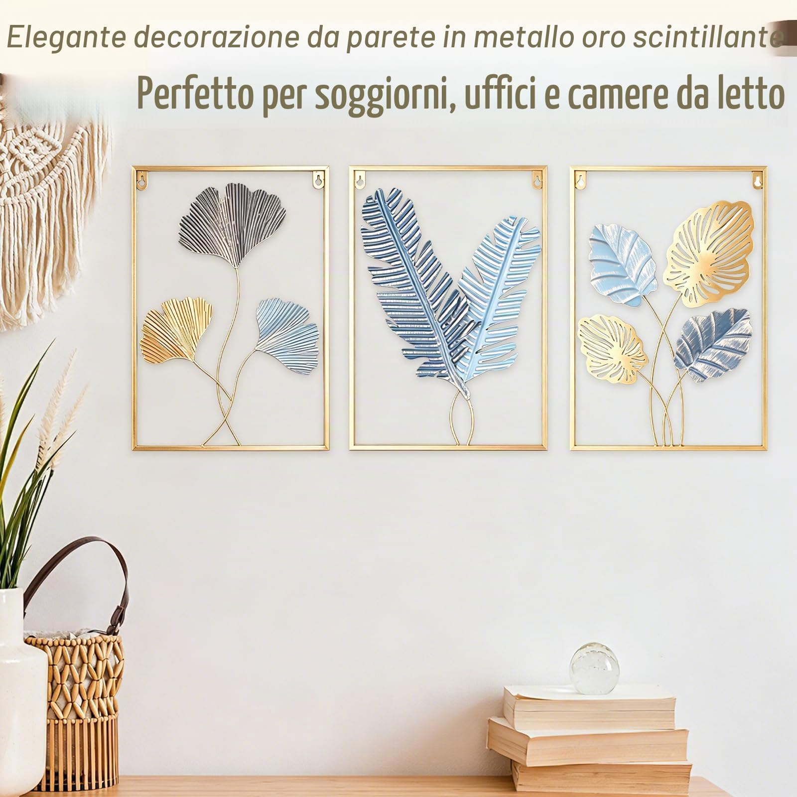 TECKZOON Set di 3 quadri da parete in metallo, 43 x 30 cm, con cornice dorata, decorazione da parete moderna per camera da letto, cucina e ufficio (oro/blu, ginkgo, ocra e foglie di banano)