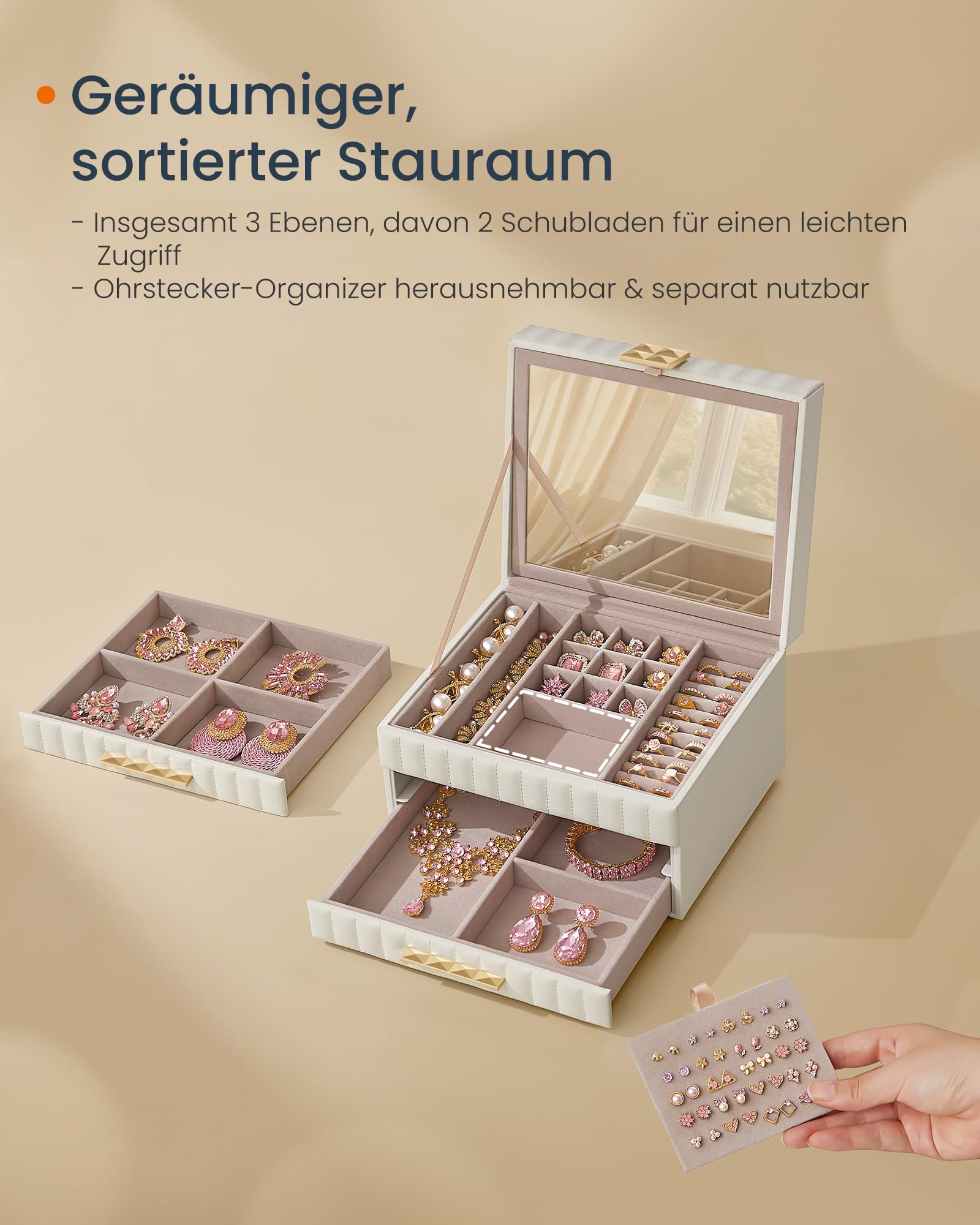 SONGMICS HOME Schmuckkästchen 3 Ebenen, mit Spiegel, 24 x 21,5 x 15,8 cm | Schmuckbox, 2 Schubladen, PU mit Nähten, Schwebe-Effekt, Geschenkidee, wolkenweiß, ANAH Kollektion JBC183W01