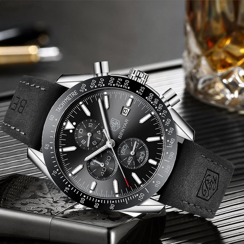 BY BENYAR Watch for Men Analog Quartz Chronograph Waterproof Luminous Designer Mens Wrist Watches Business Work Sport Casual Dress Watch with Silicone Strap Elegant Gifts for Men - Image 3