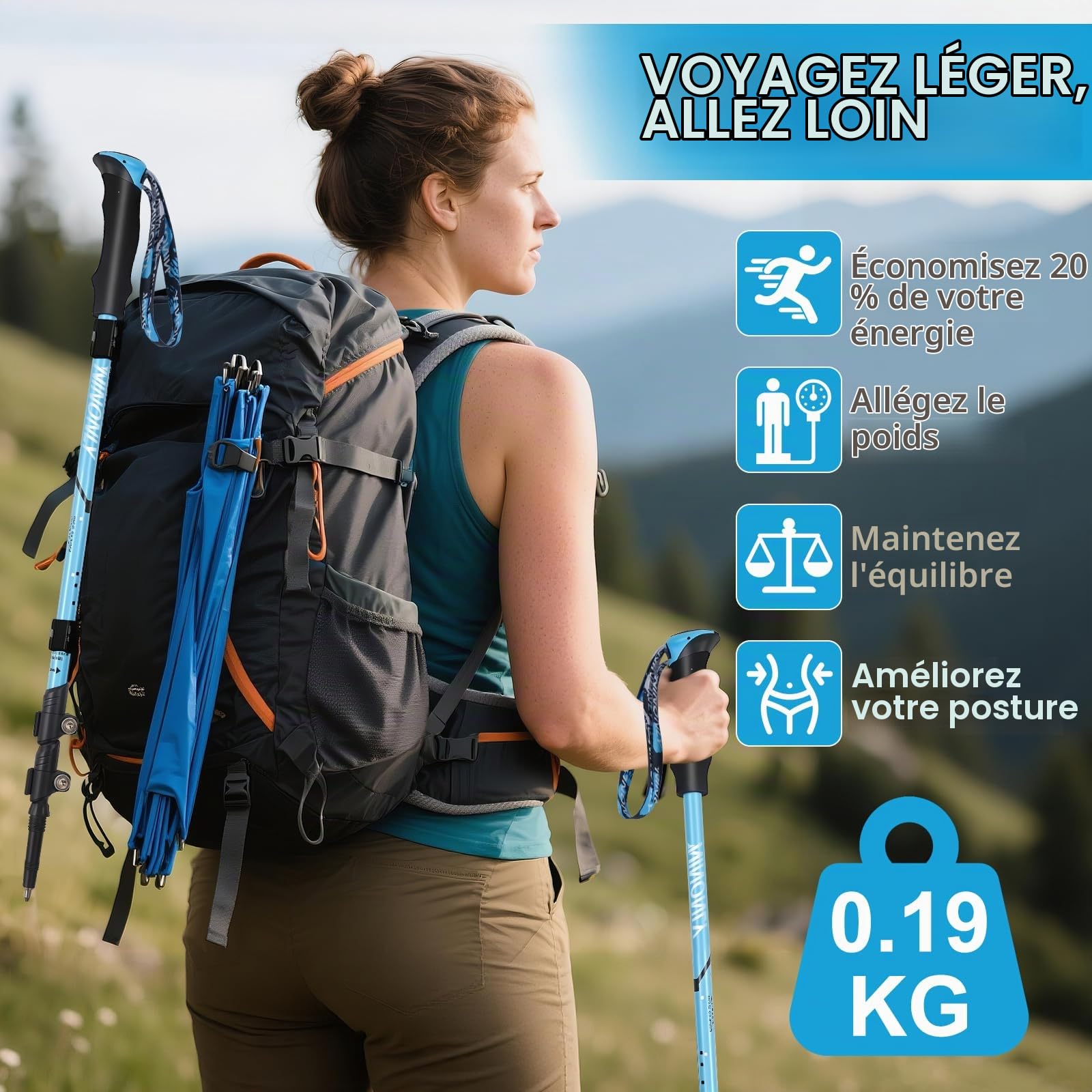 Ninonly Bâton de Marche Télescopique Carbone, Bâtons de Randonnée Nordique pour Hommes & Femmes, Ultralégers avec Poignée EVA et 3 Pointes, 150kg pour Trekking et Sports de Montagne