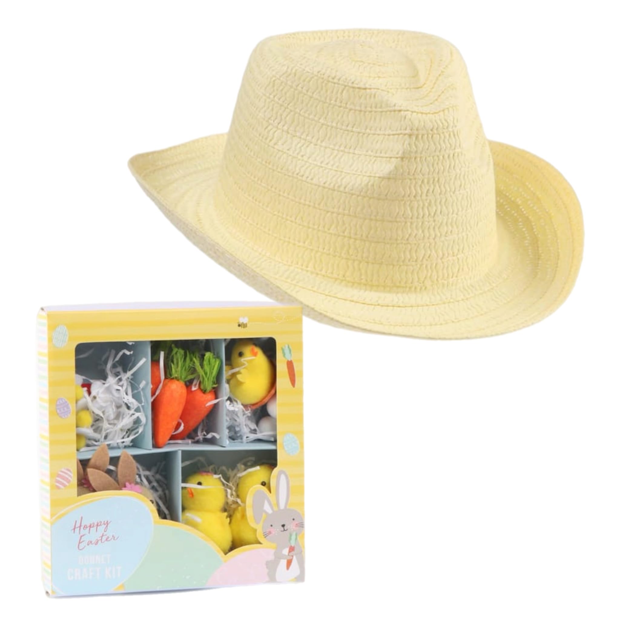 eBoutik - Easter Bonnet Kit - Make Your Own Spring Bonnet Hat Craft Set - Kids Crafts Straw Hat, , Flowers, Carrots, Bunny, Eggs ETC DIY Activity