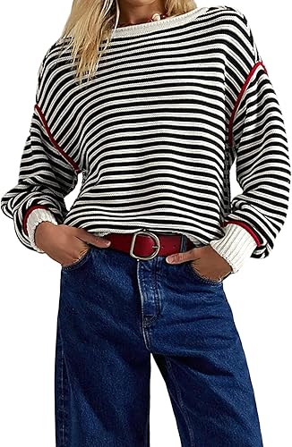 Women's 2025 Fall Winter Oversized Knit Pullover Striped Warm Casual Knitted Swe