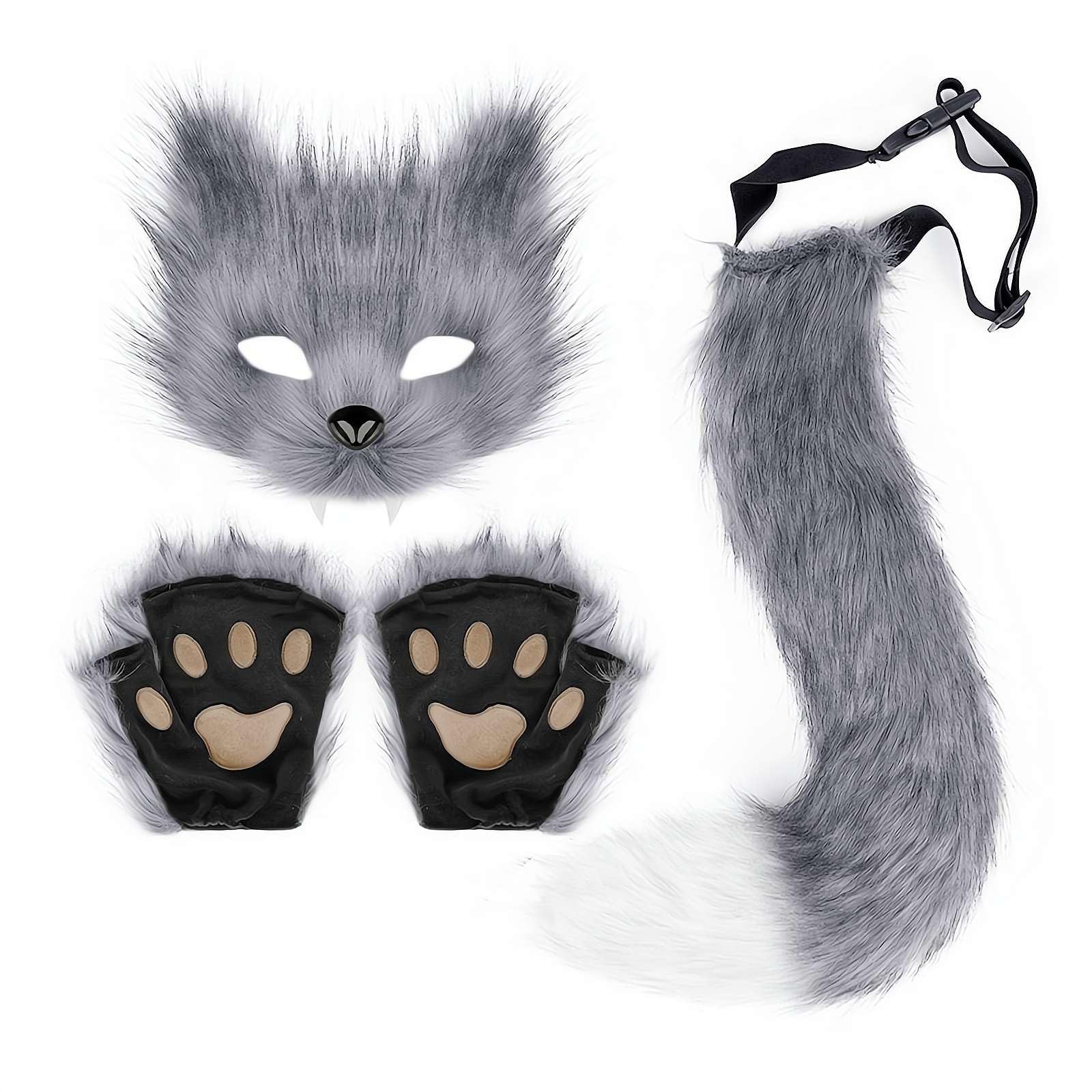 Faux Fur Cat Wolf Mask Tail And Gloves Set FoxTail Fluffy Cat Wolf Mask And Paw Gloves Cosplay Costume Animal for Halloween Christmas Party Women (Gray)