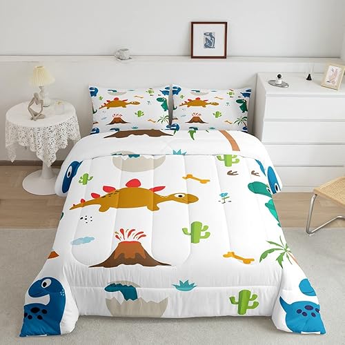 Feelyou Juego de edredón Kawaii de dinosaurio, juego de ropa de cama con patrón de dinosaurio, edredón acolchado de animales salvajes para niños,