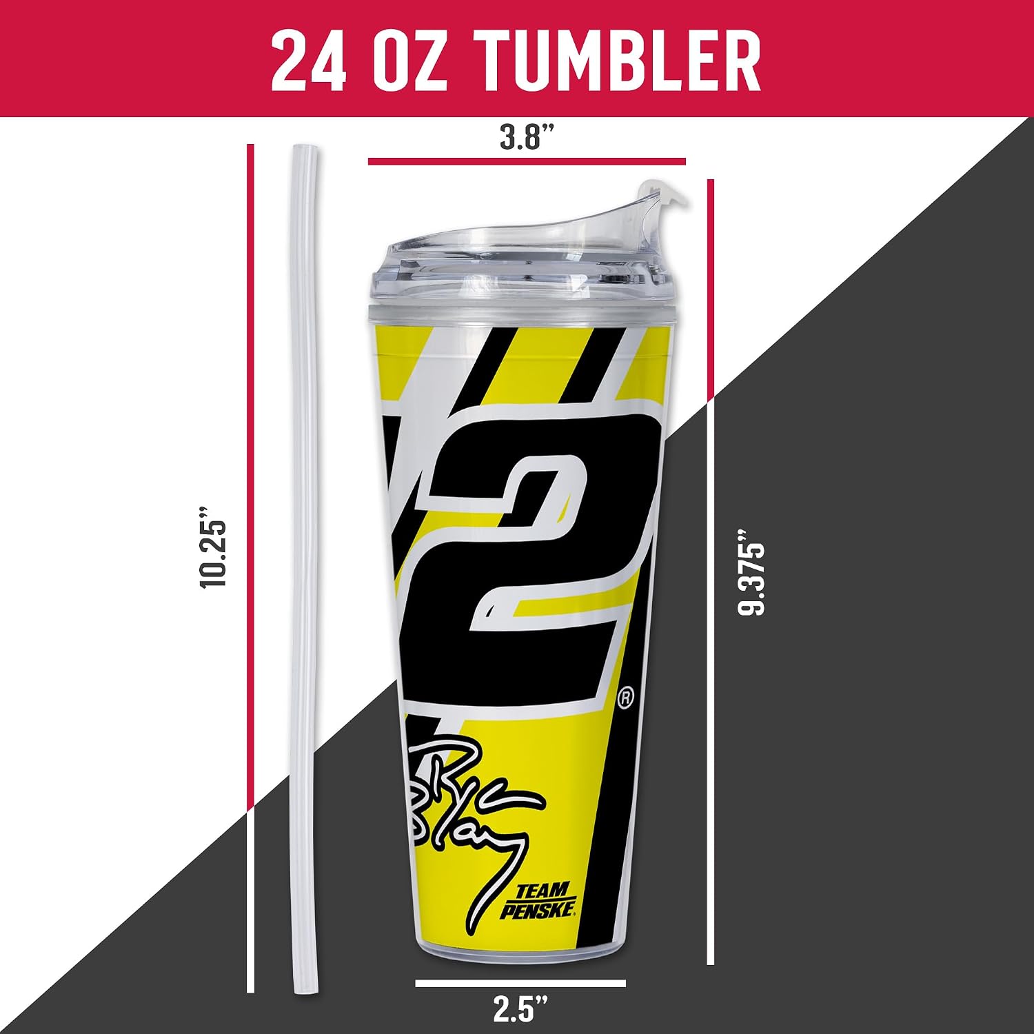 Rico Industries NASCAR Racing Ryan Blaney 24oz Acrylic Tumbler with Hinged Lid, Officially Licensed Double Wall Tumbler with Straw