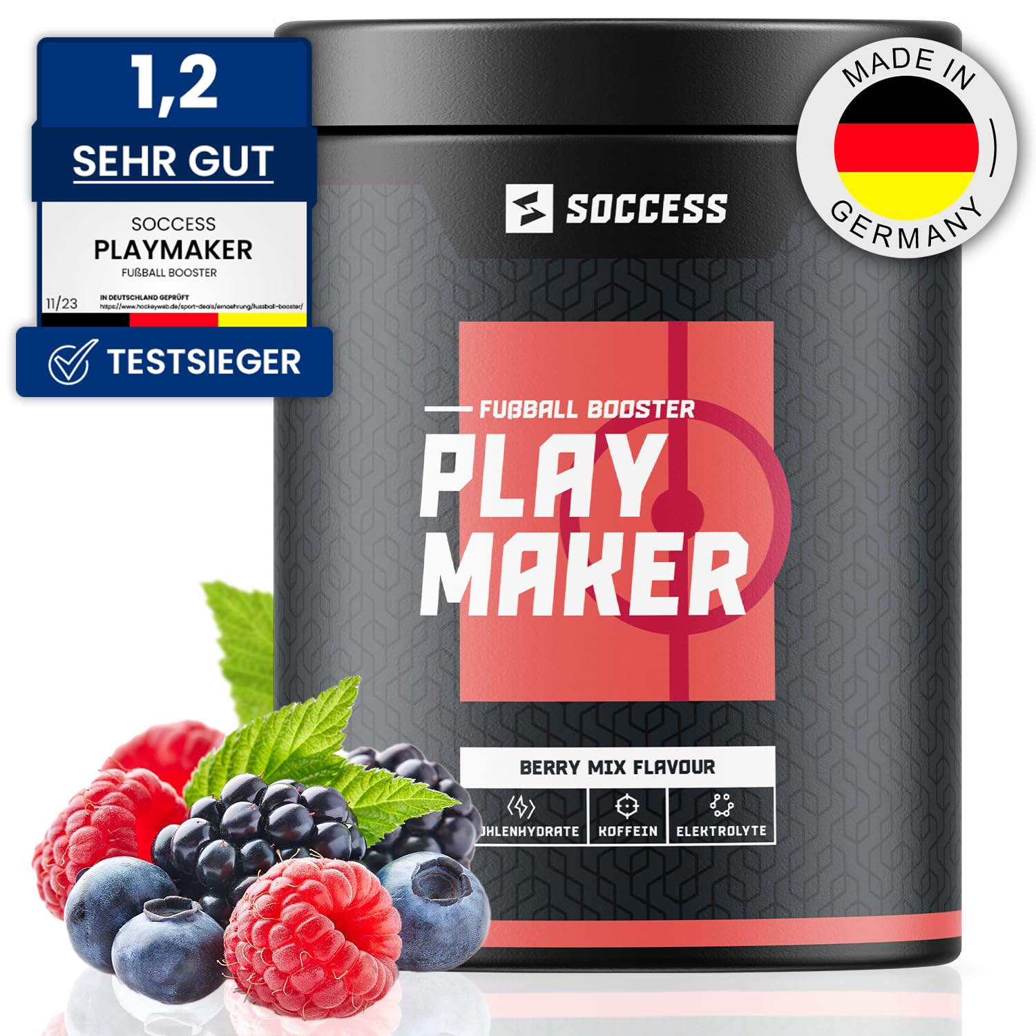 PLAYMAKER | Workout Booster speziell für Fußballer | Sport Drink mit Kohlenhydraten + Elektrolyten + Mineralien + Aminosäuren + Koffein | 20 Portionen | Berry-Mix